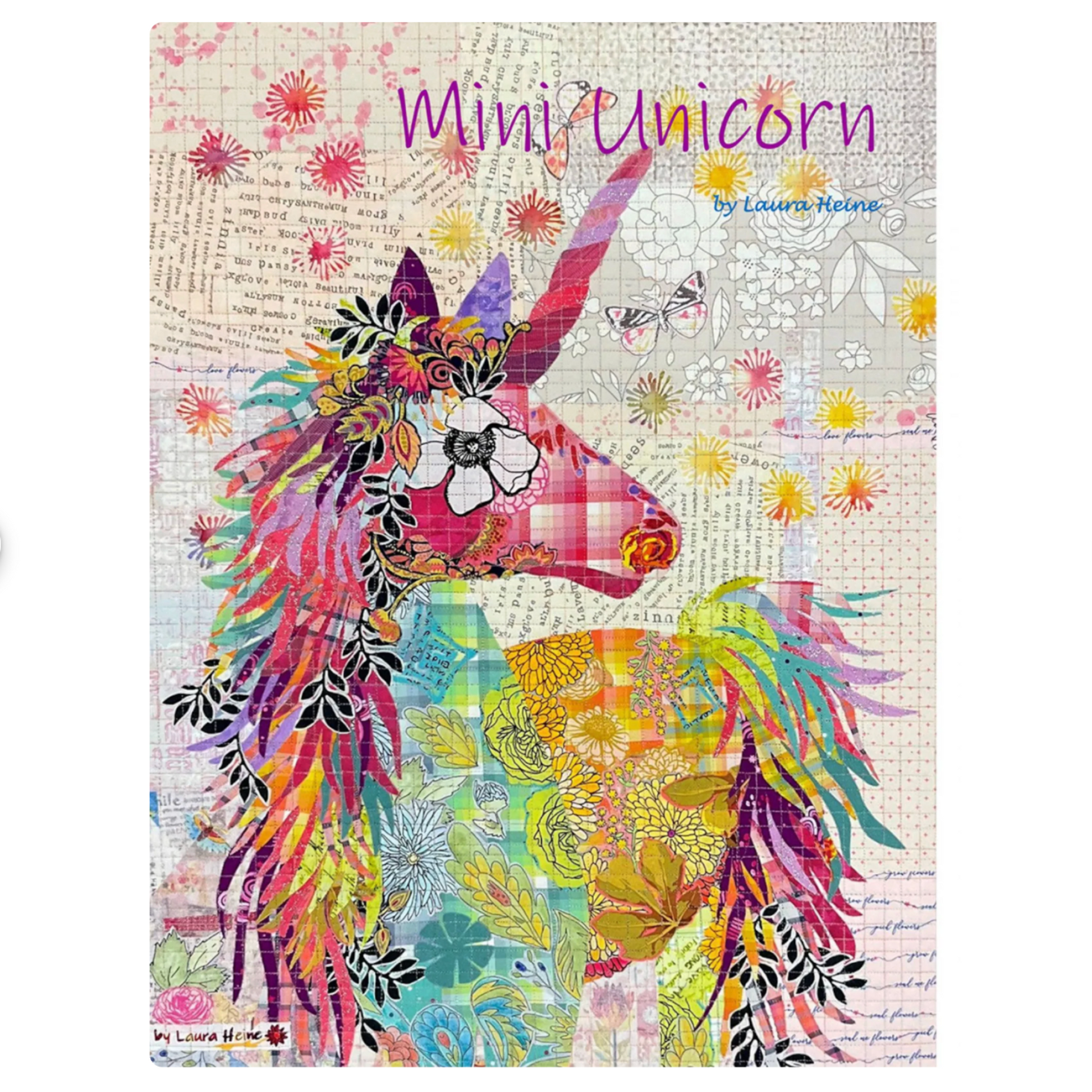 Colorful unicorn illustration on a patterned background with 'Mini Unicorn by Laura Heine' text.
