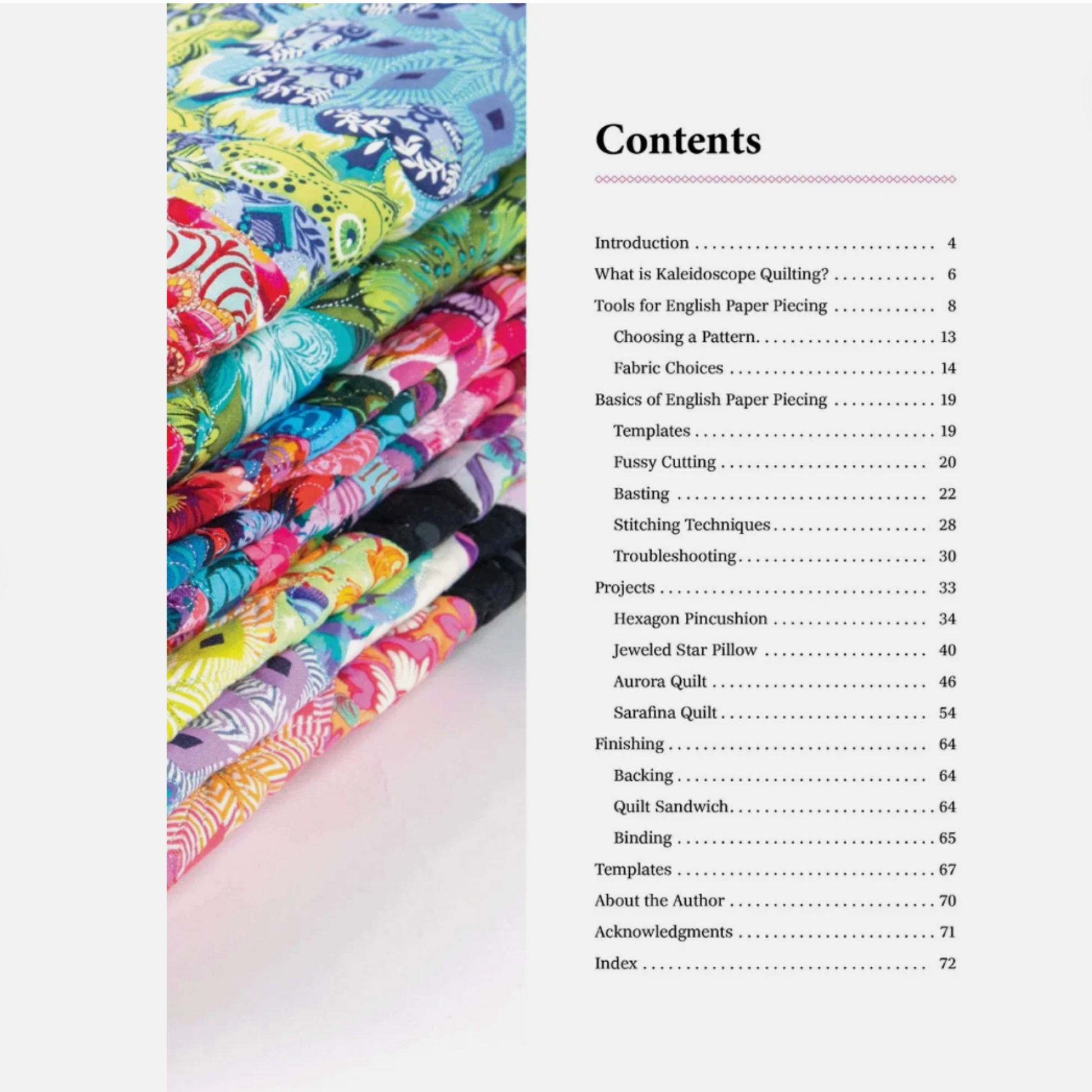 Table of contents from Pieced Kaleidoscope Quilt Blocks with stacked colorful quilting fabrics