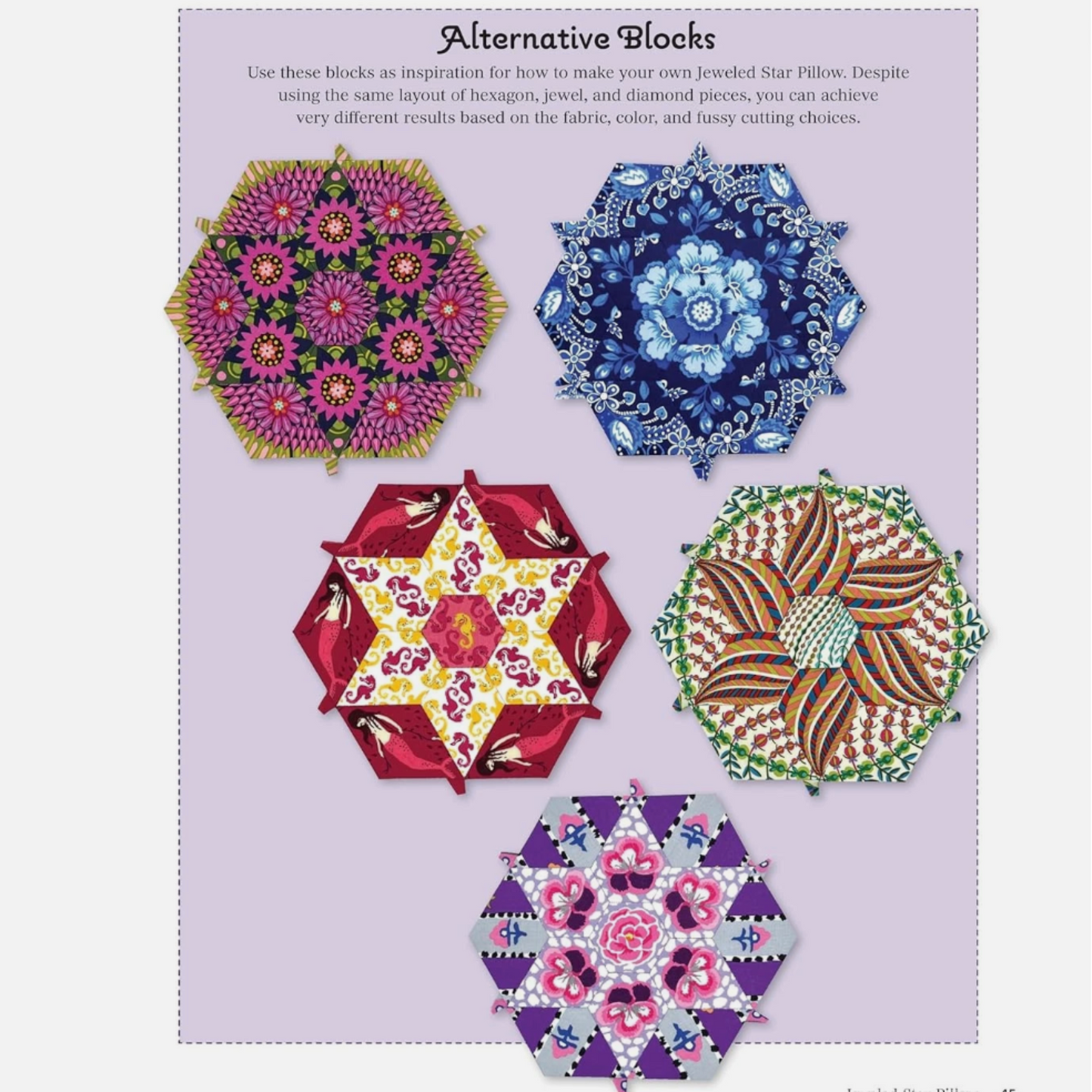 Alternative kaleidoscope quilt blocks showing varied fabric and fussy cutting results