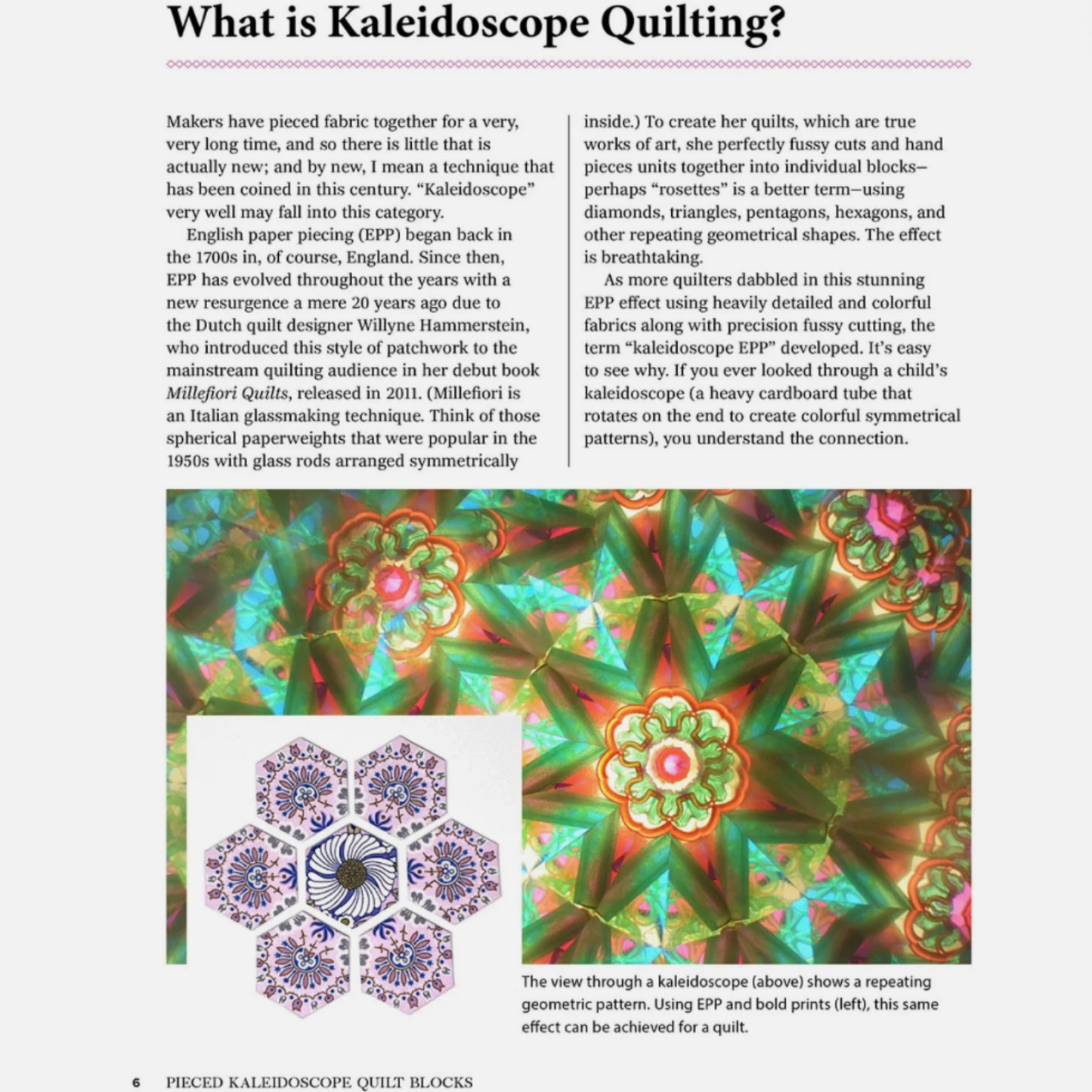Book page explaining kaleidoscope quilting and English paper piecing techniques