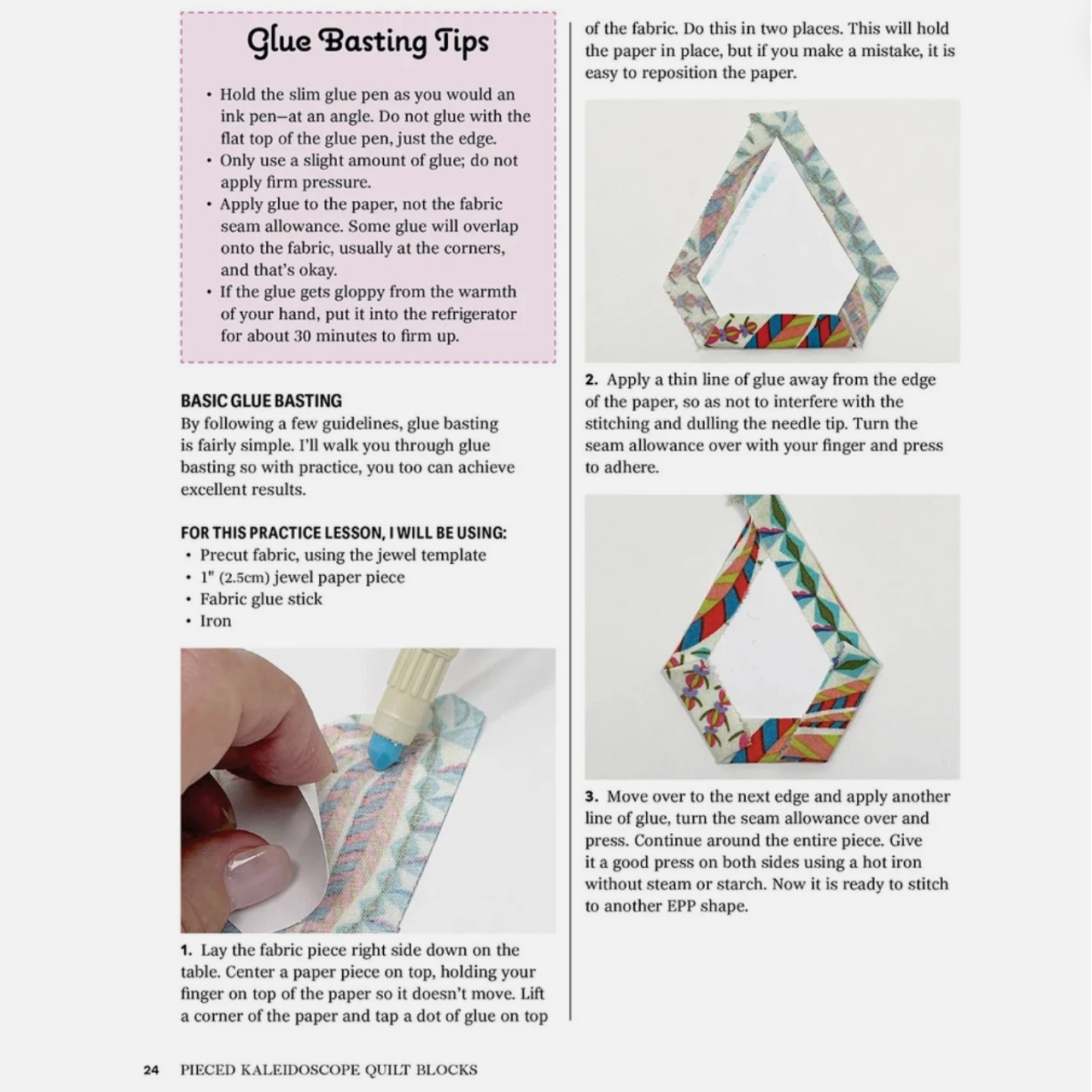 Glue basting tips for English paper piecing with close-up step-by-step photos