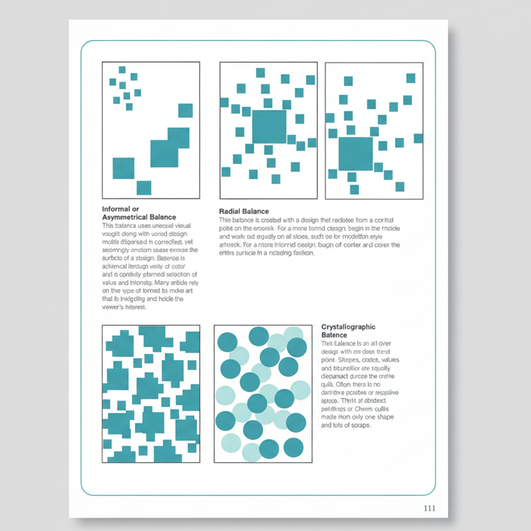 Design balance diagrams showing asymmetrical, radial, and crystallographic balance used in quilting and fiber art design