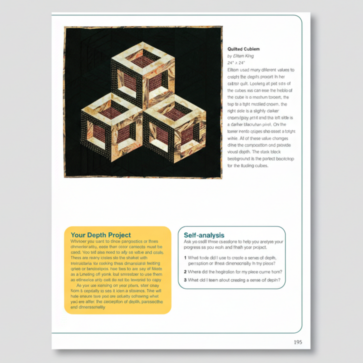 Art quilt “Quilted Cubism” showing three-dimensional cube illusion, with value contrast examples and depth project guidance from Heather Thomas color and design book