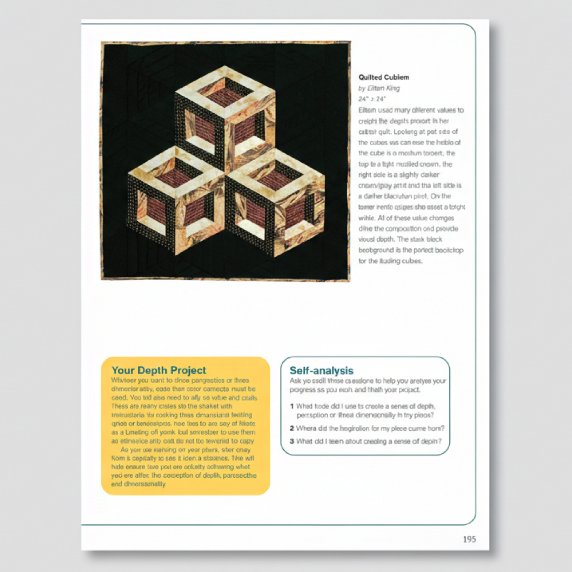 Art quilt “Quilted Cubism” showing three-dimensional cube illusion, with value contrast examples and depth project guidance from Heather Thomas color and design book