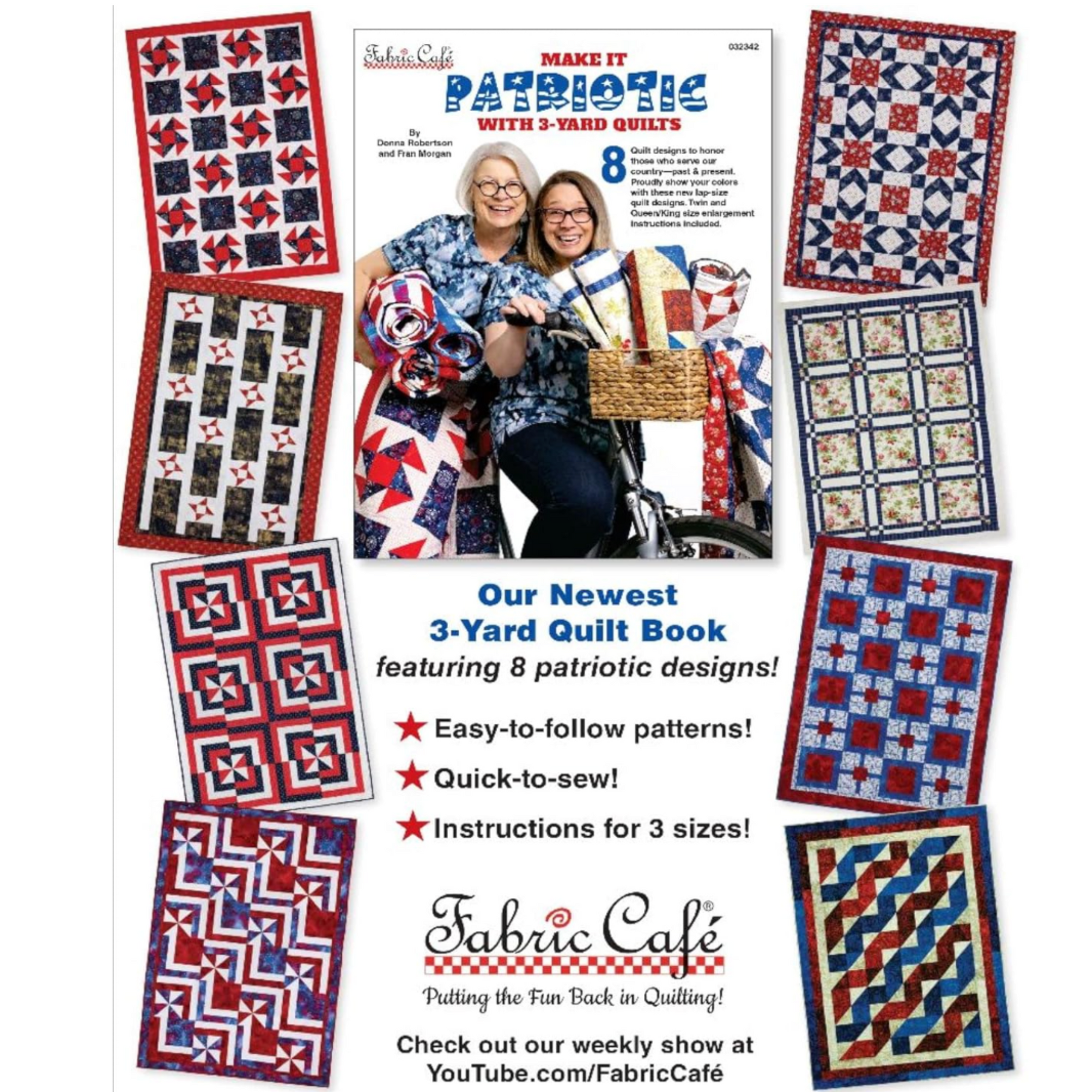 Make It Patriotic with 3-Yard Quilts book showing eight patriotic quilt patterns in red white and blue