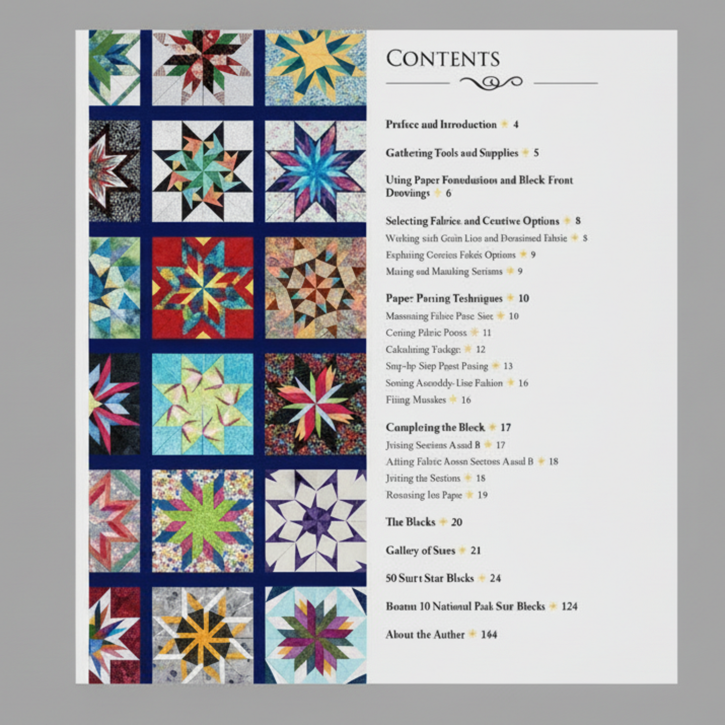 “Contents page of 60 Fabulous Paper-Pieced Stars Second Edition showing paper-piecing techniques and block listings”
