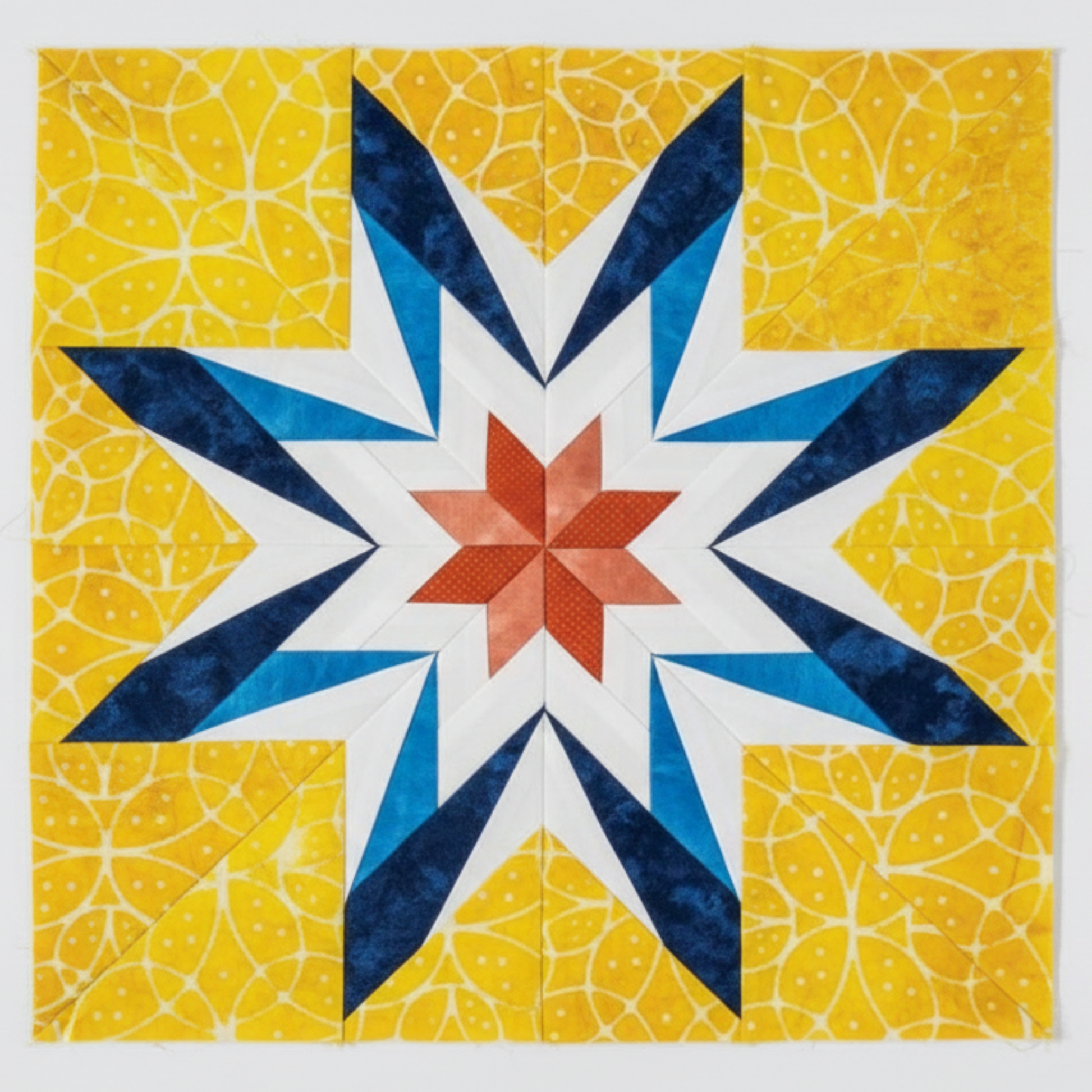 “Paper-pieced star quilt block with yellow background and blue accents from Carol Doak star quilt book”