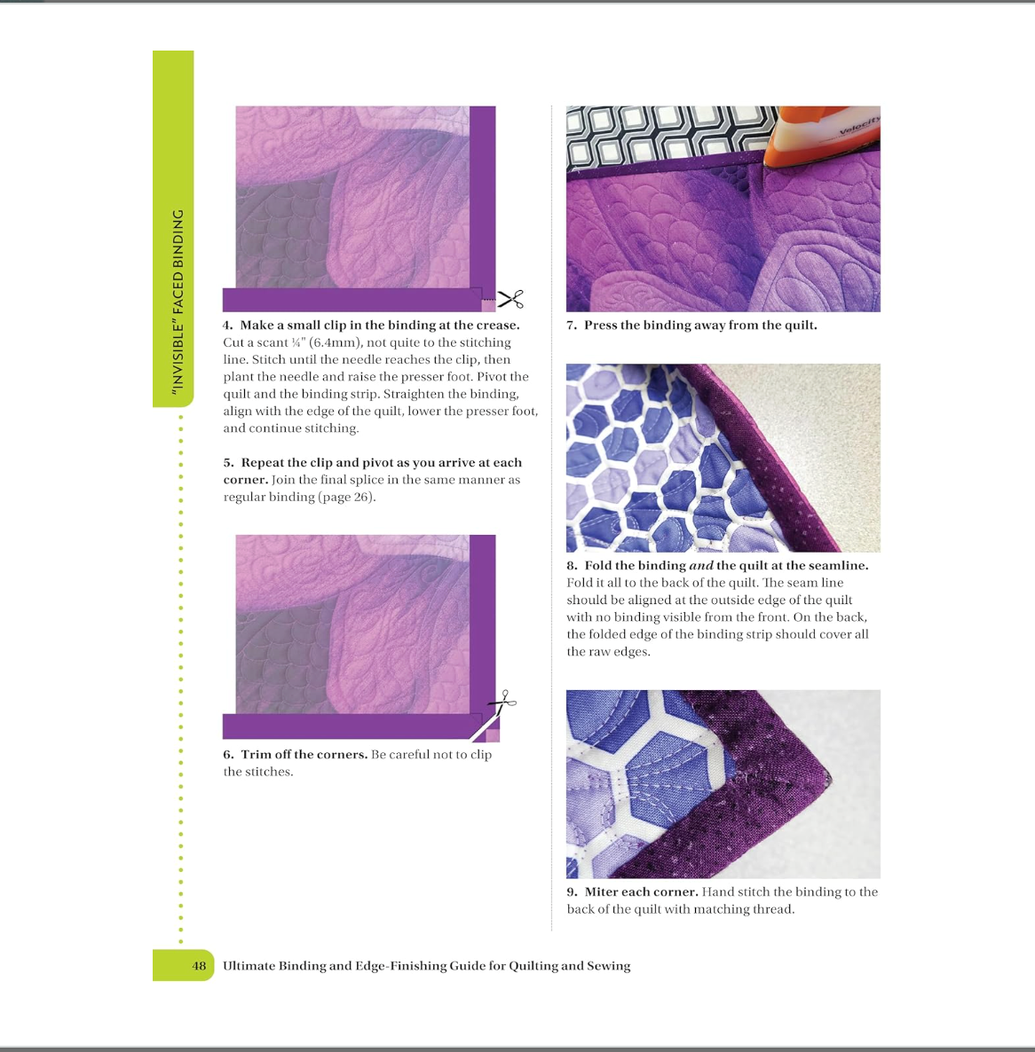 Invisible faced quilt binding technique with step-by-step photos