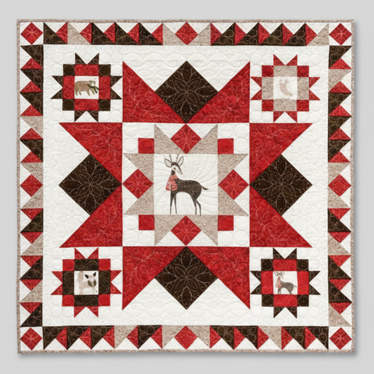 Rustic panel quilt with star blocks and animal motifs in warm neutral tones