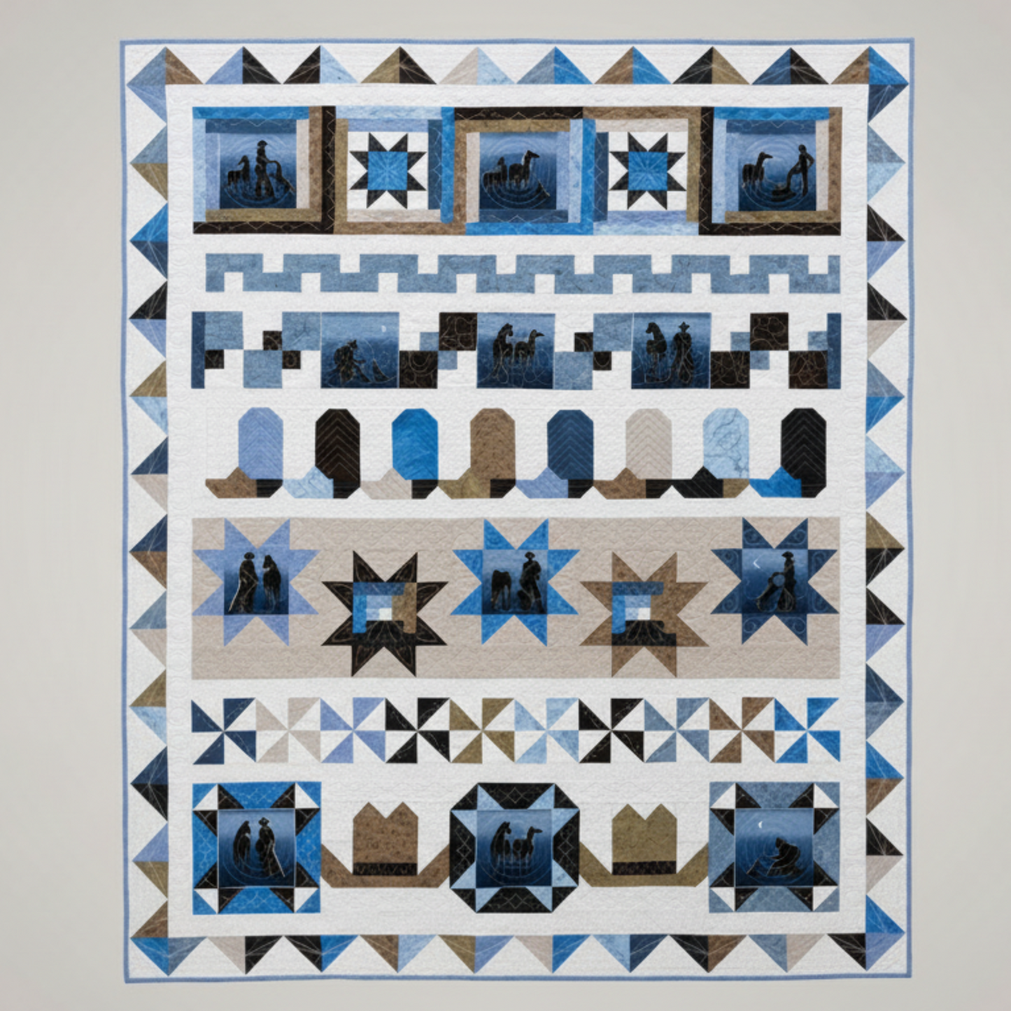 Western-style panel quilt with blue and brown star blocks and borders