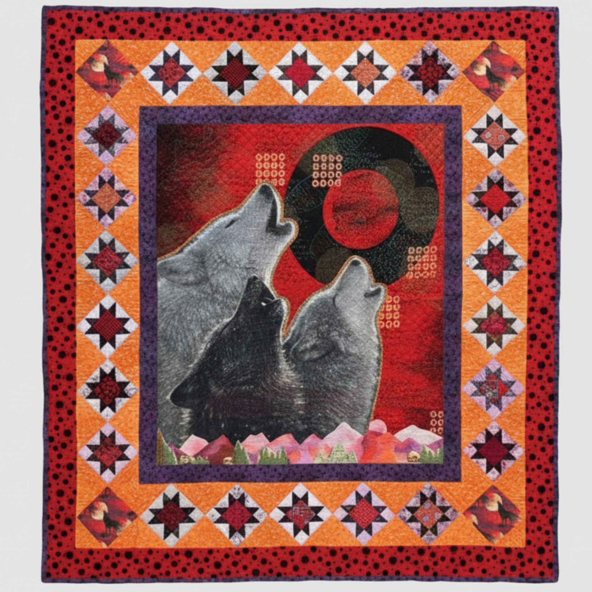 Wolf panel quilt with dramatic borders and geometric piecing