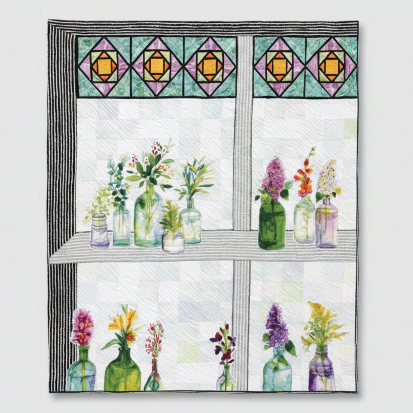 Floral panel quilt featuring glass bottle motifs arranged on shelves