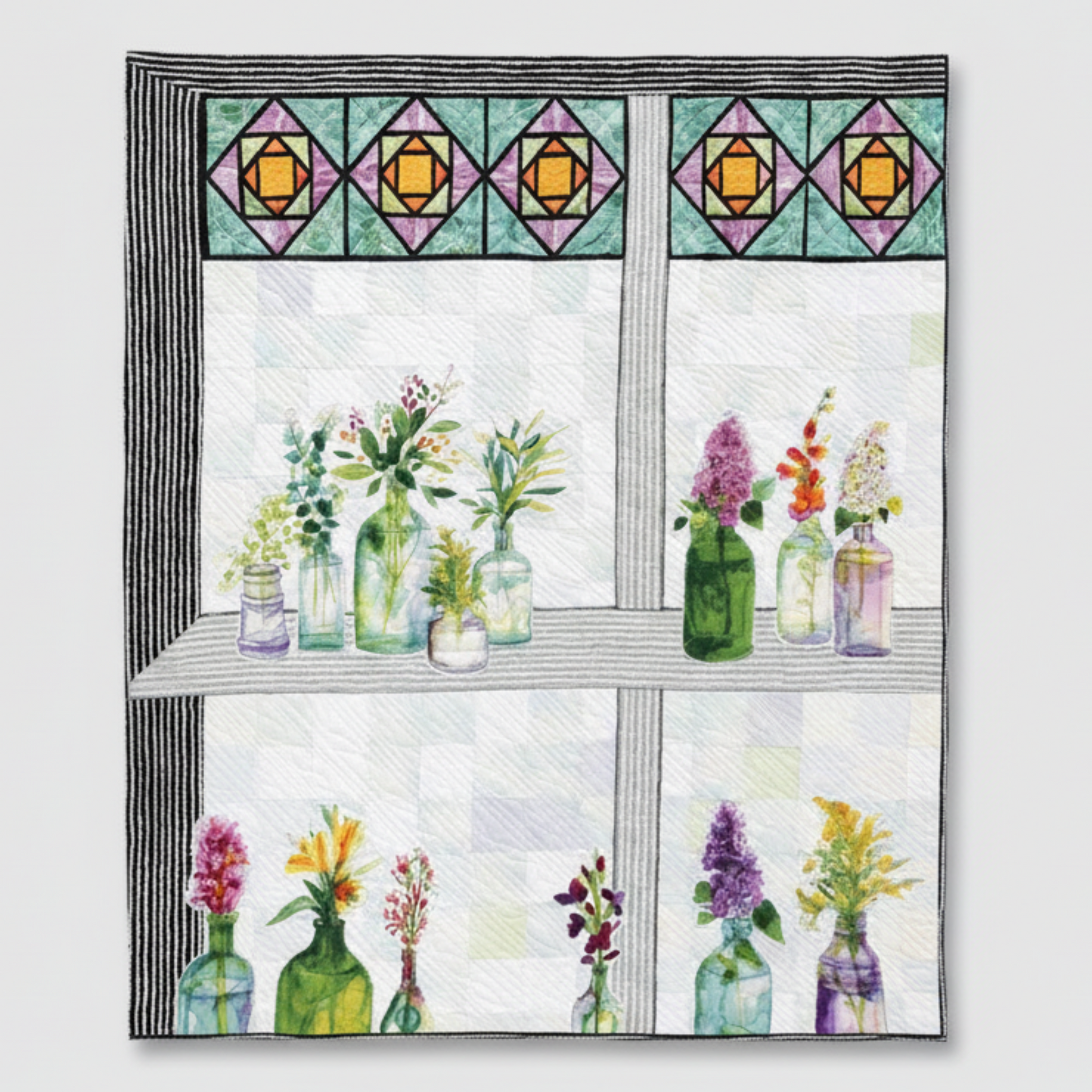 Floral panel quilt featuring glass bottle motifs arranged on shelves