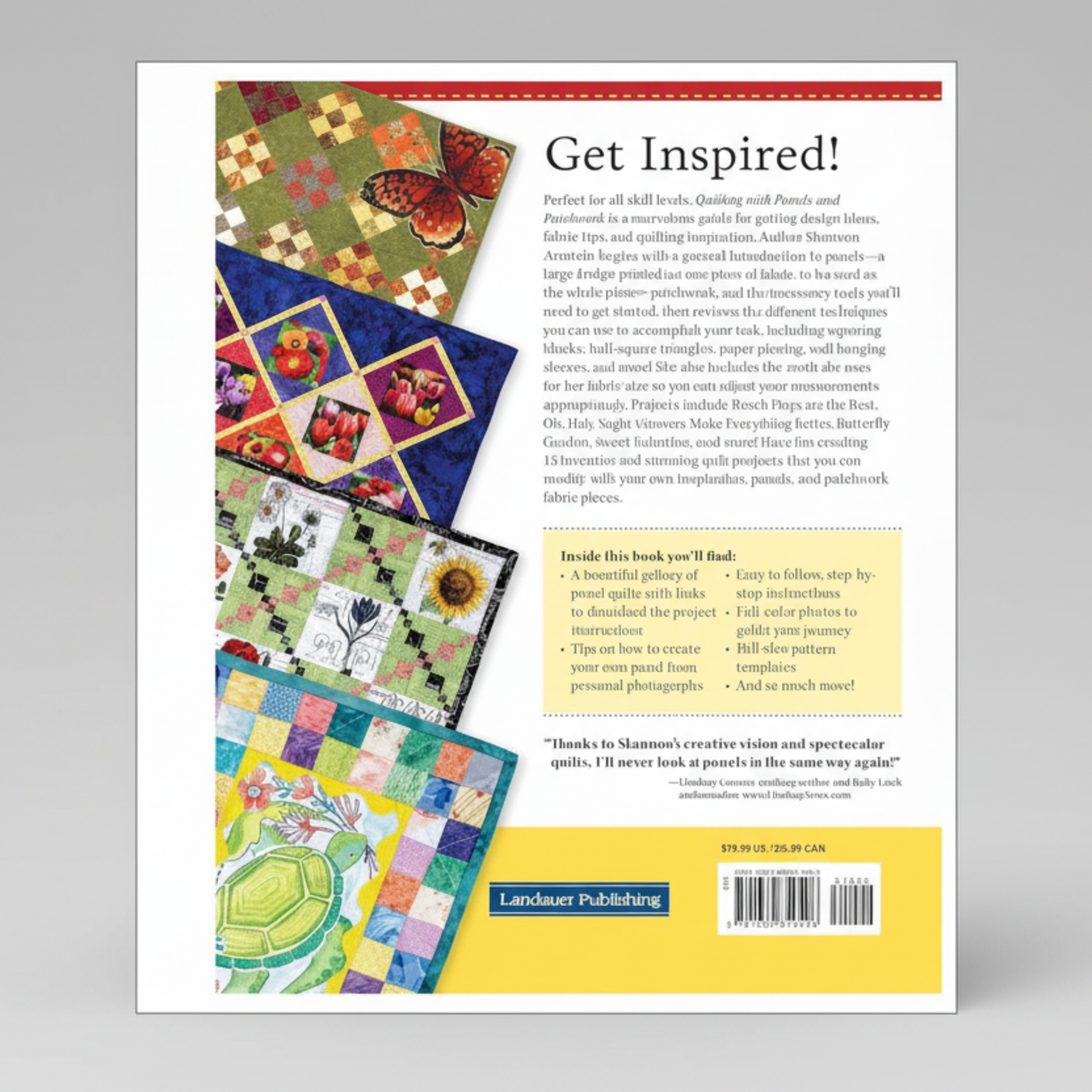 Gallery page from Quilting with Panels and Patchwork book showing multiple finished panel quilt designs