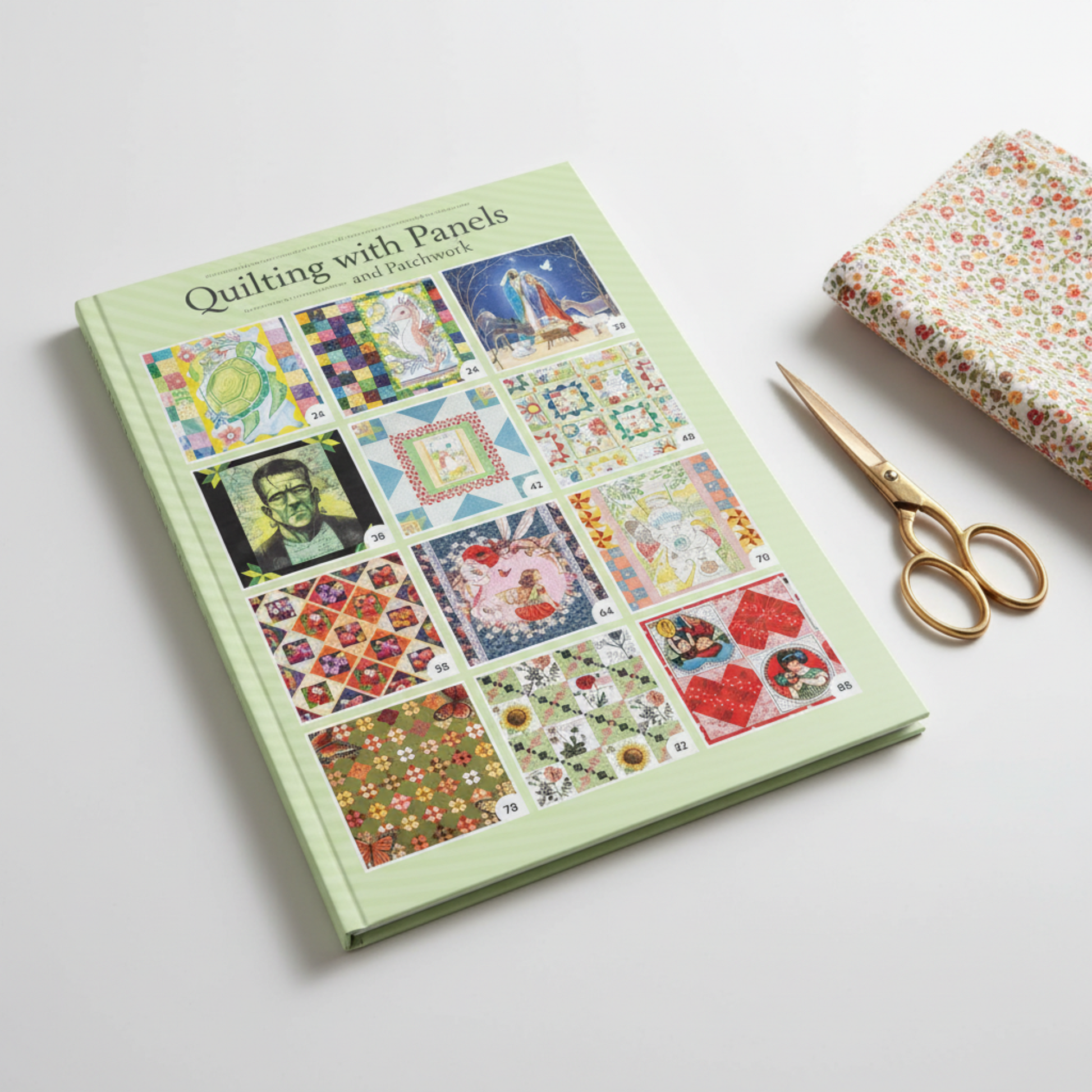 Gallery page from Quilting with Panels and Patchwork book showing multiple finished panel quilt designs