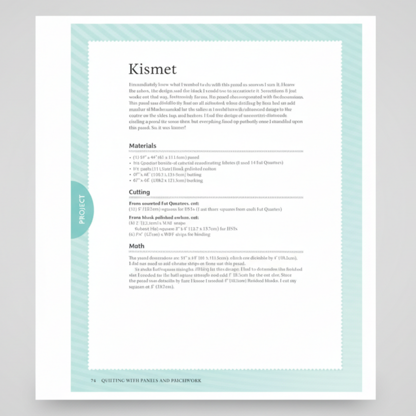 Project instructions page from Quilting with Panels and Patchwork showing materials, cutting, and math details