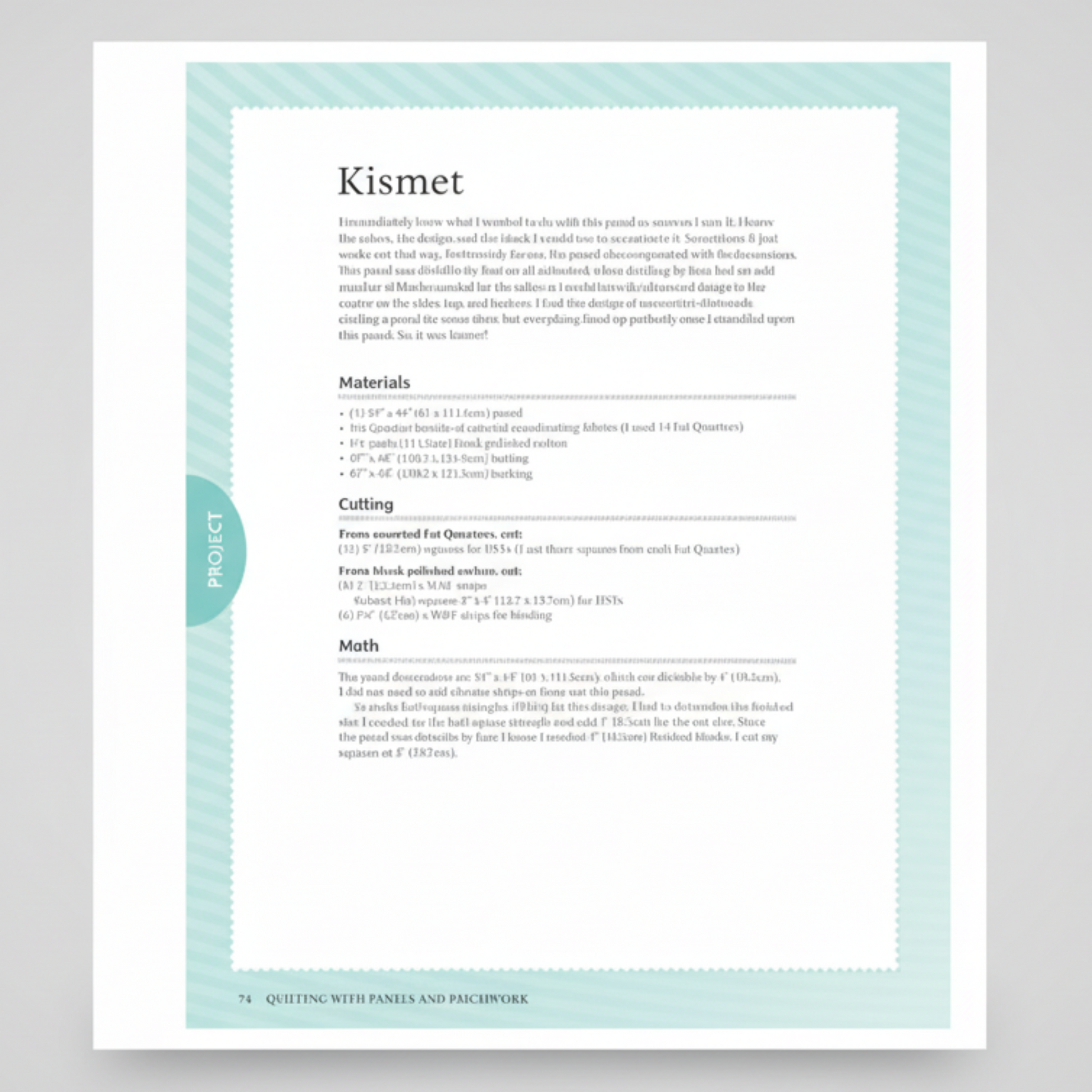 Project instructions page from Quilting with Panels and Patchwork showing materials, cutting, and math details
