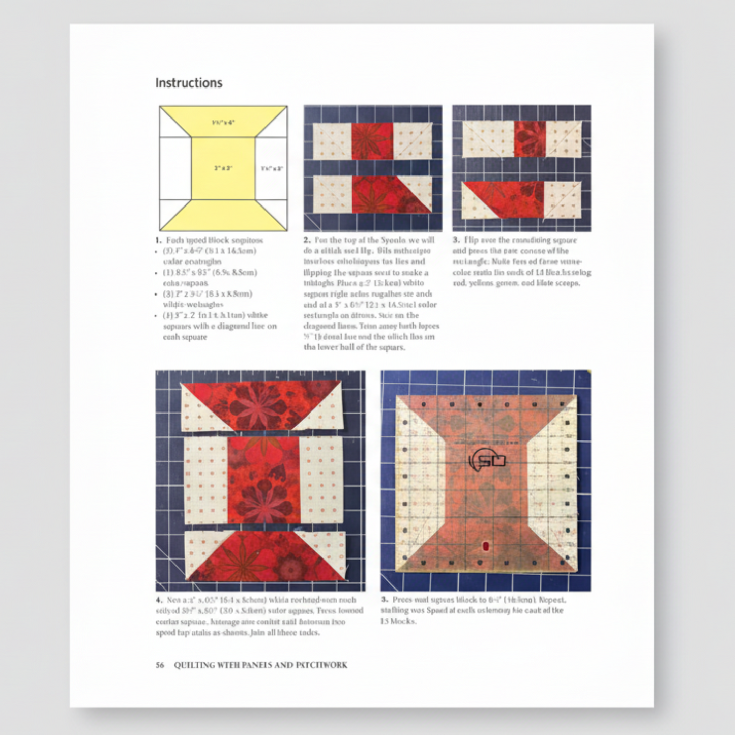 Step-by-step quilt block construction instructions combining pieced blocks with panel layouts