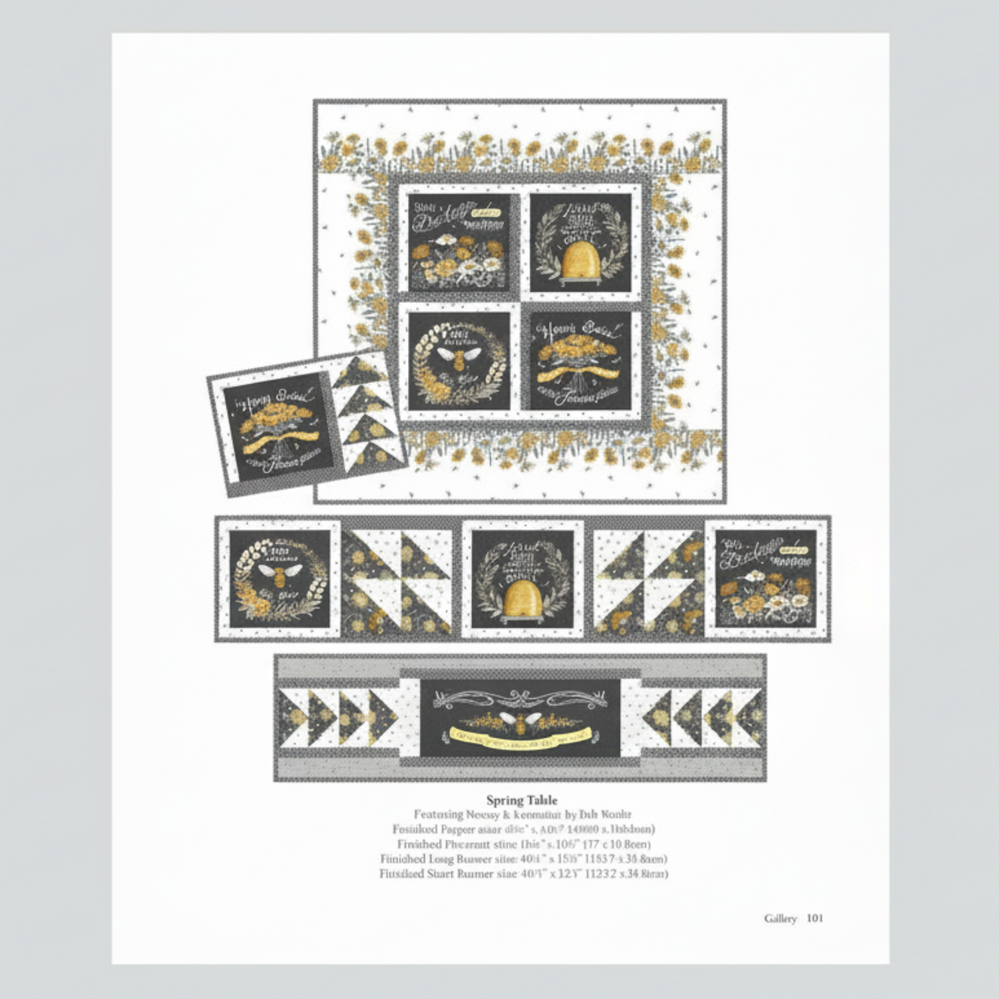 Panel quilt layout featuring honey and floral themed panels arranged into table runner and placemat designs