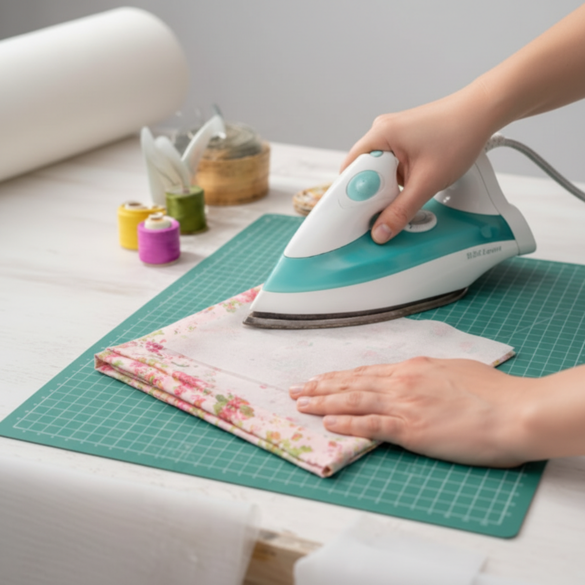 Iron fusing Sew Lazy Face-It Soft lightweight cotton interfacing to floral fabric