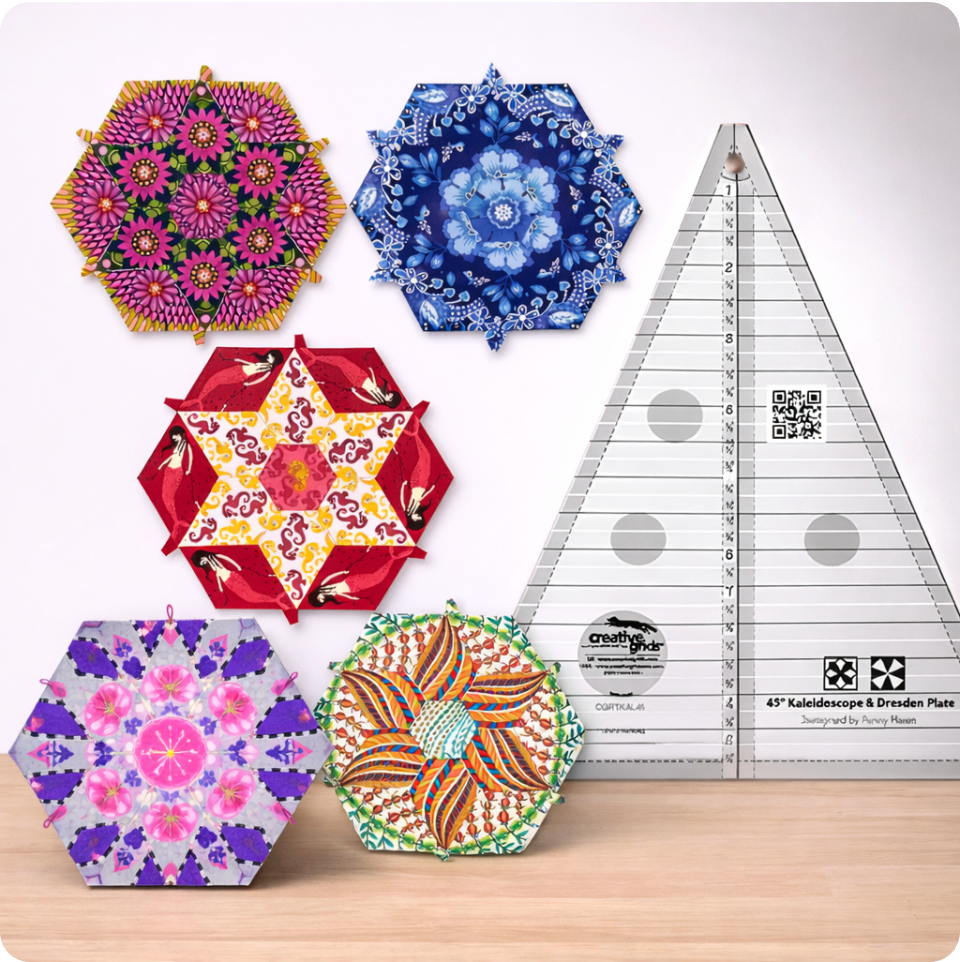 Kaleidoscope and Dresden Plate quilt blocks made using Creative Grids 45 degree ruler