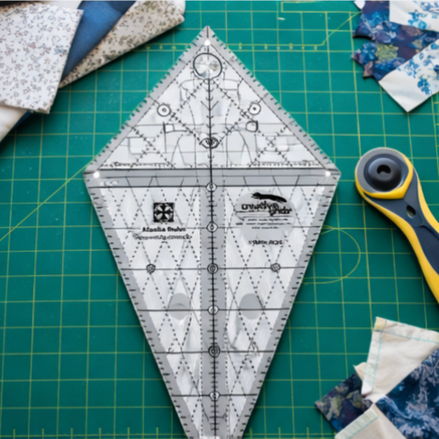 Creative Grids Alaska Quilt Ruler on green cutting mat with rotary cutter, showing 45 degree markings for quilting and patchwork