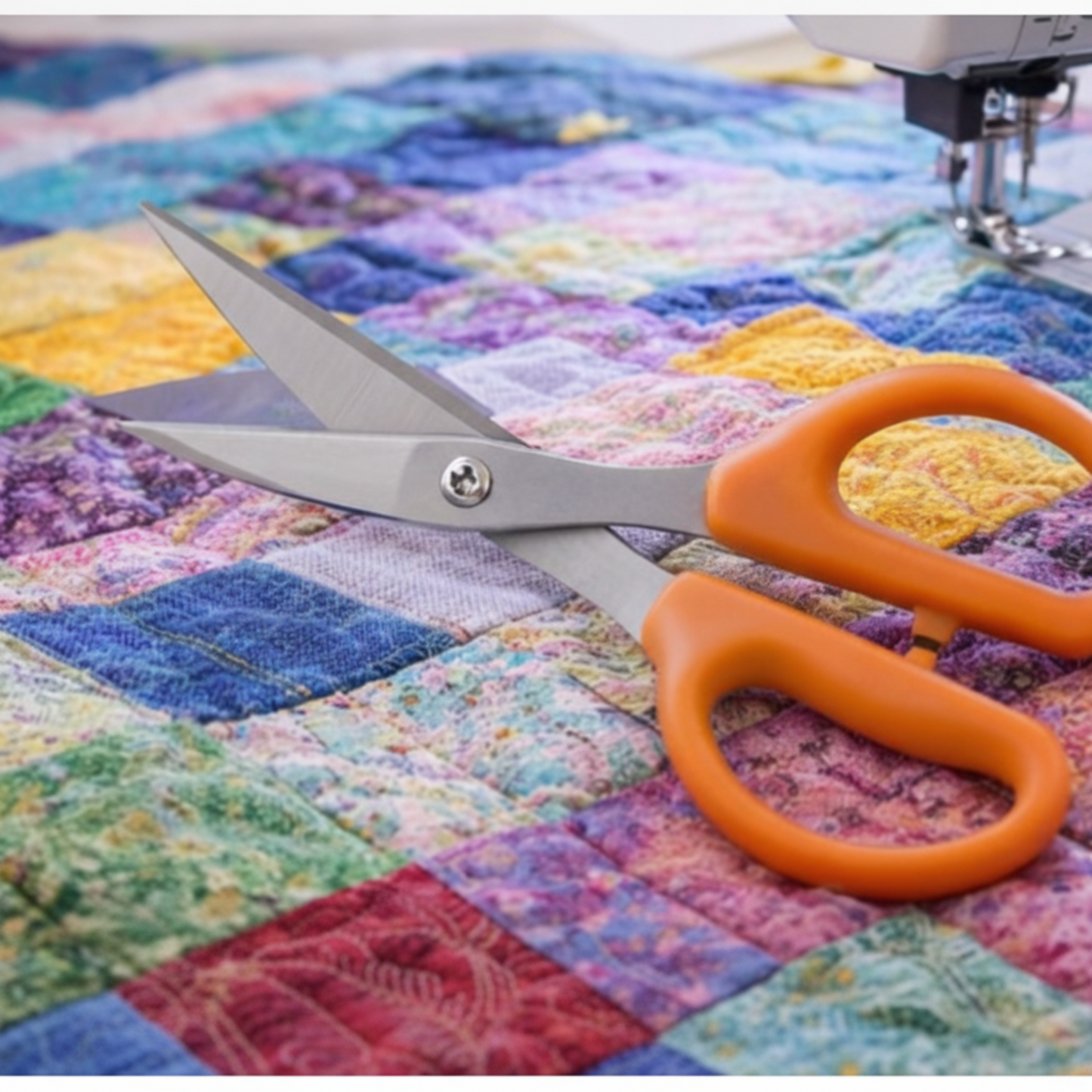 Scissors with orange handles on a colorful quilt next to a sewing machine.