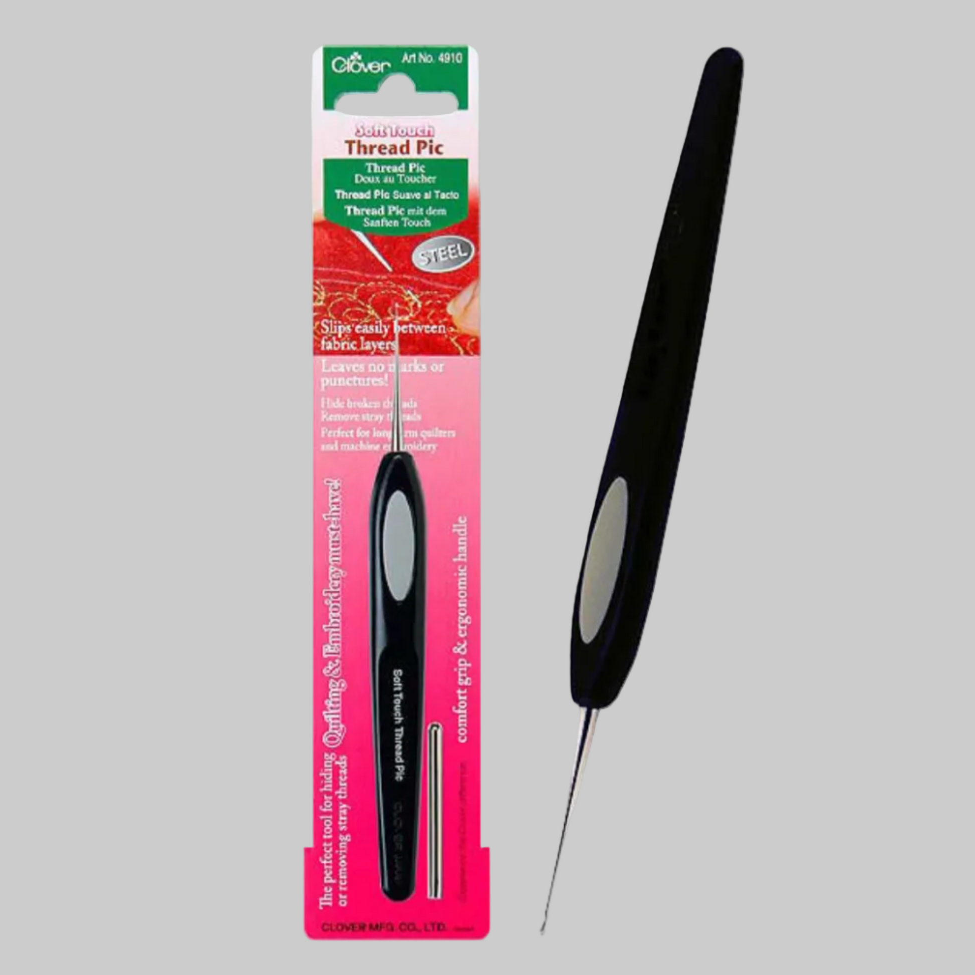 Black thread picker with pink packaging on a gray background
