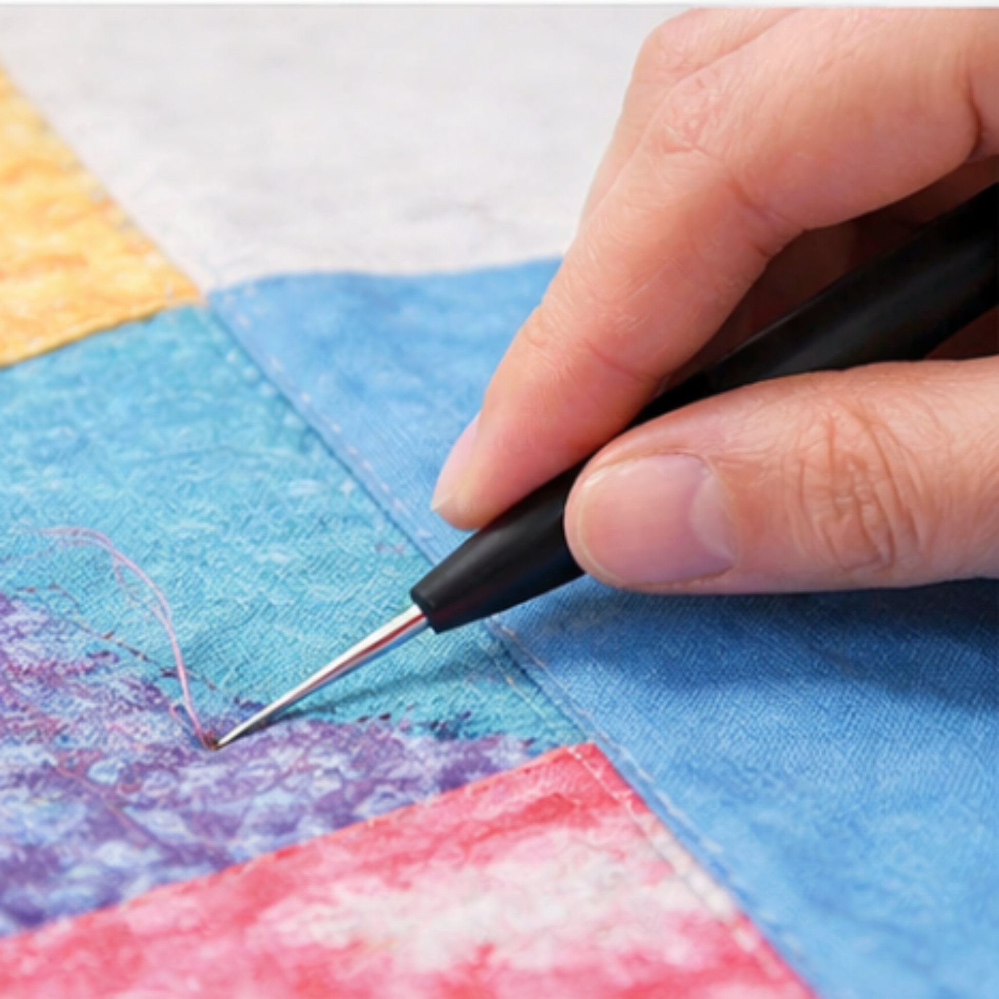 Hand using a quilting tool on a colorful patchwork quilt