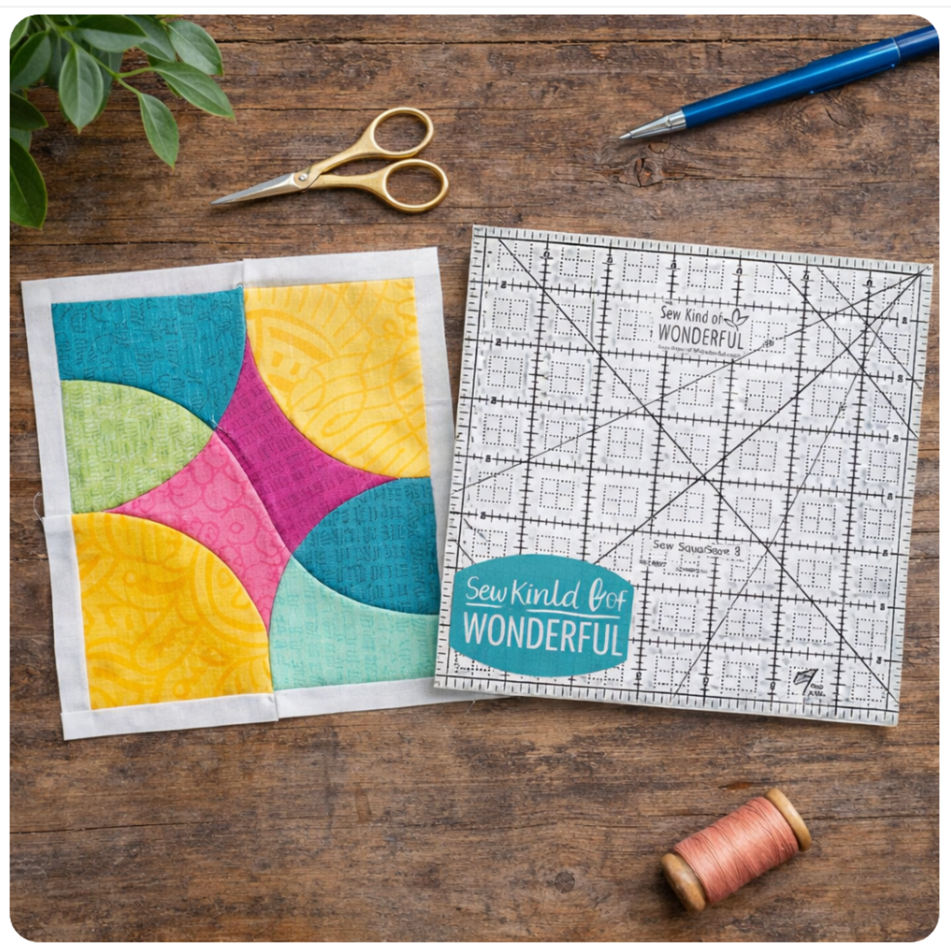 Sew Square 8 quilting ruler shown with curved quilt block