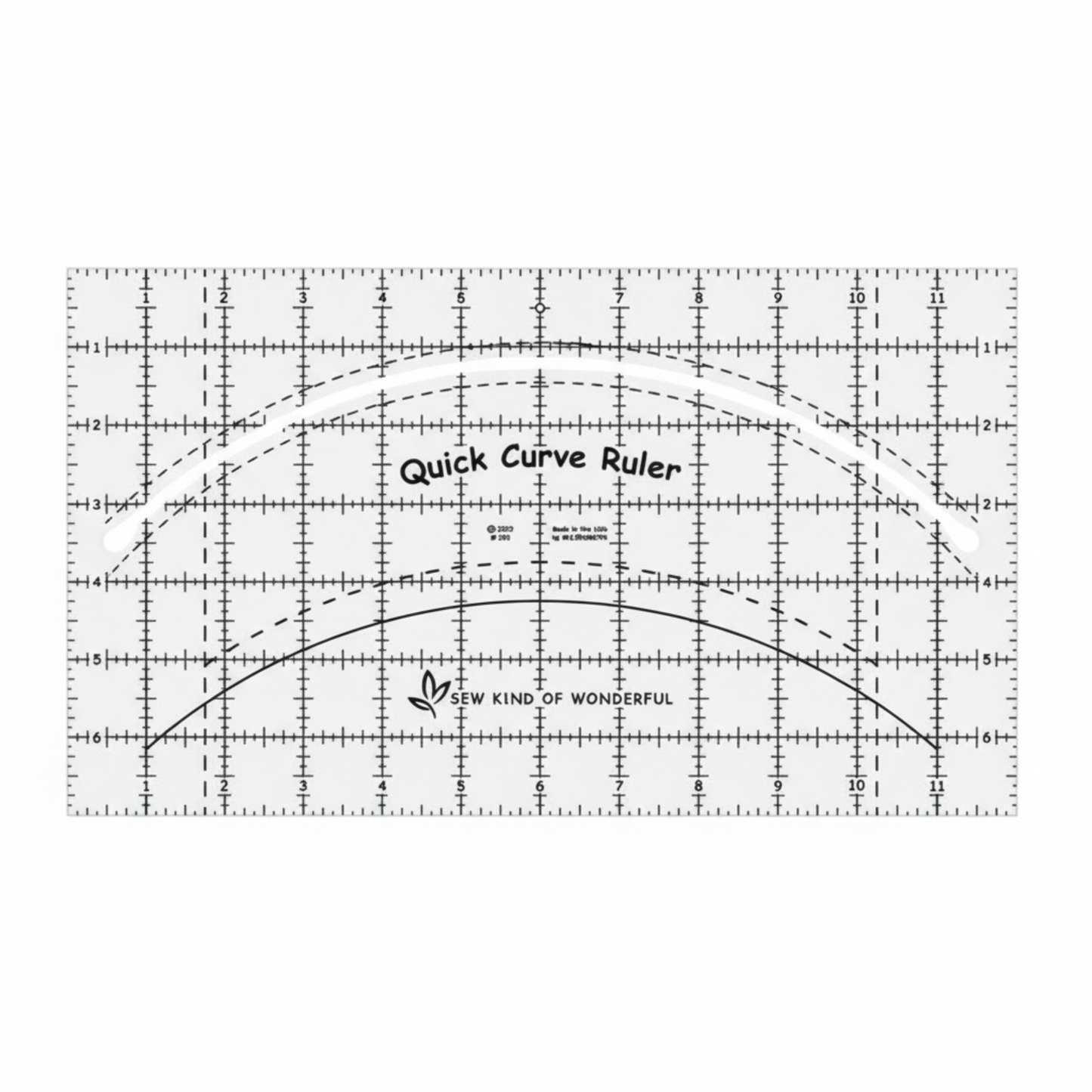 Quick Curve Ruler by Sew Kind of Wonderful with clearly marked curved cutting guides and grid measurements for quilting.