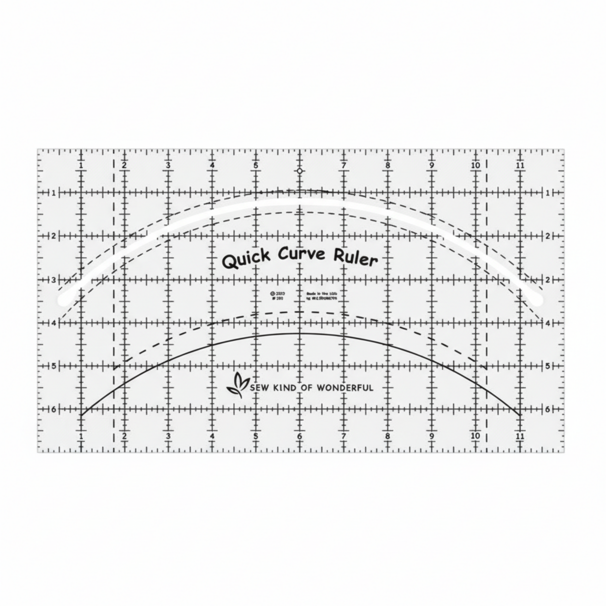 Quick Curve Ruler by Sew Kind of Wonderful with clearly marked curved cutting guides and grid measurements for quilting.