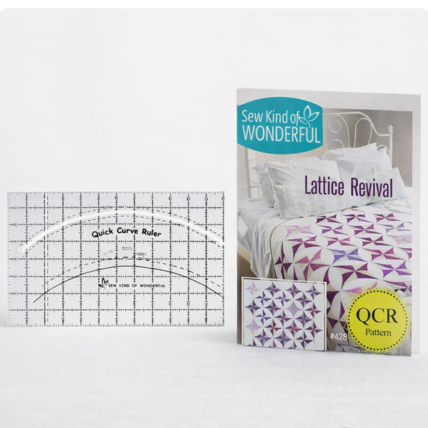 Quick Curve Ruler displayed next to Lattice Revival quilt pattern, demonstrating curved piecing results.