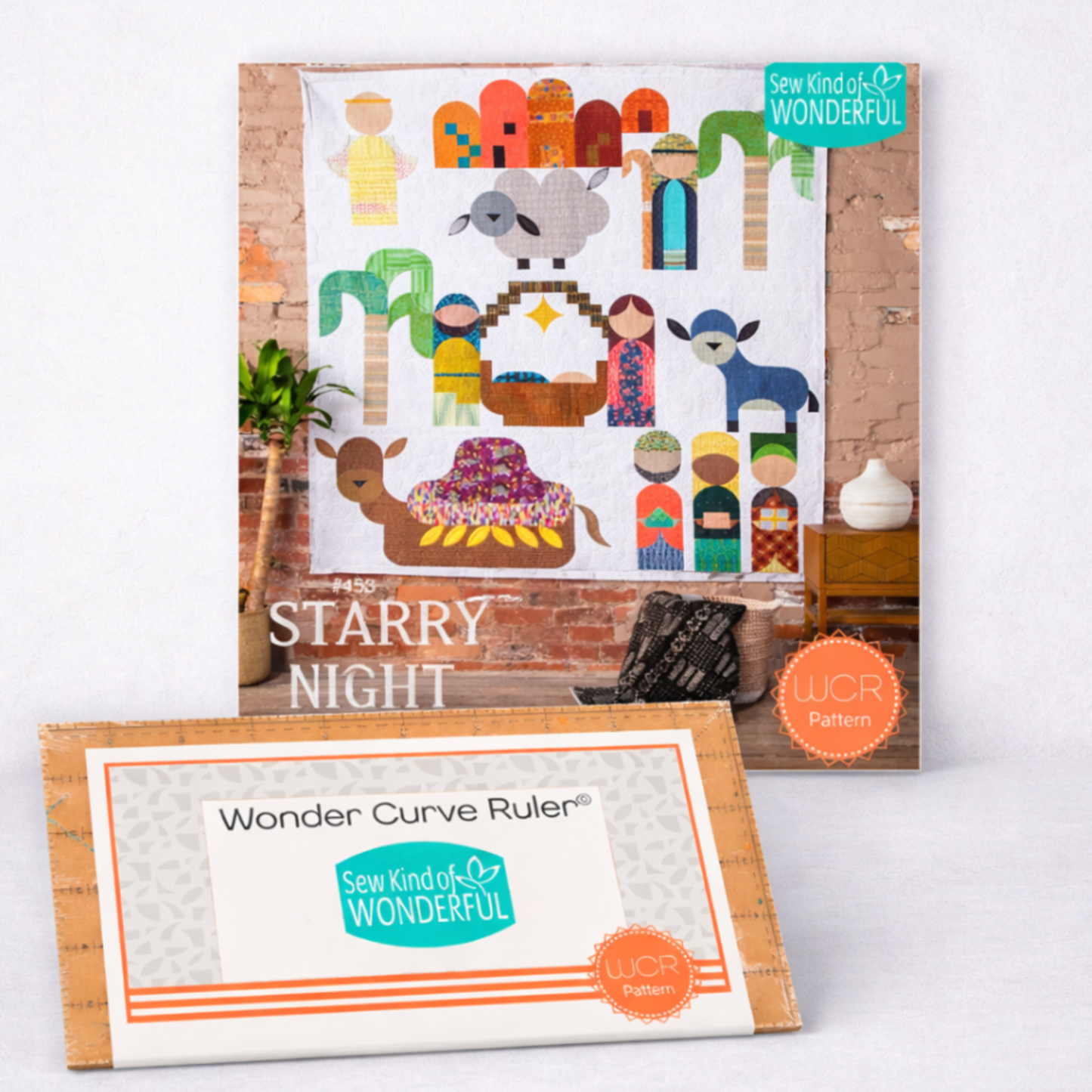 Wonder Curve Ruler shown with Starry Night quilt pattern, highlighting curved shapes used in modern quilt designs.