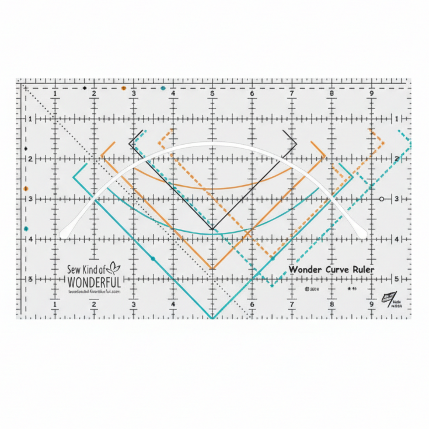 Wonder Curve Ruler by Sew Kind of Wonderful showing colored cutting guides and measurement grid for curved quilt blocks.