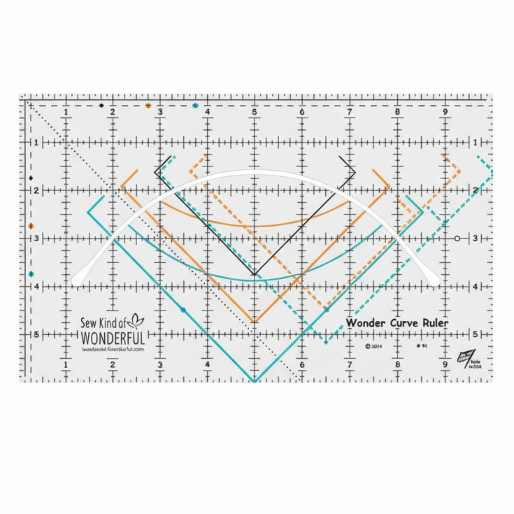 Wonder Curve Ruler by Sew Kind of Wonderful showing colored cutting guides and measurement grid for curved quilt blocks.