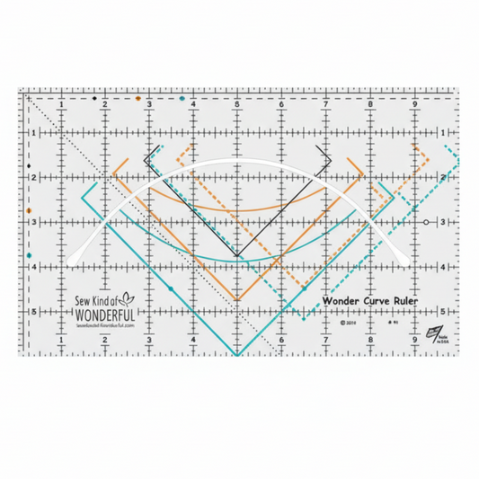 Wonder Curve Ruler by Sew Kind of Wonderful showing colored cutting guides and measurement grid for curved quilt blocks.