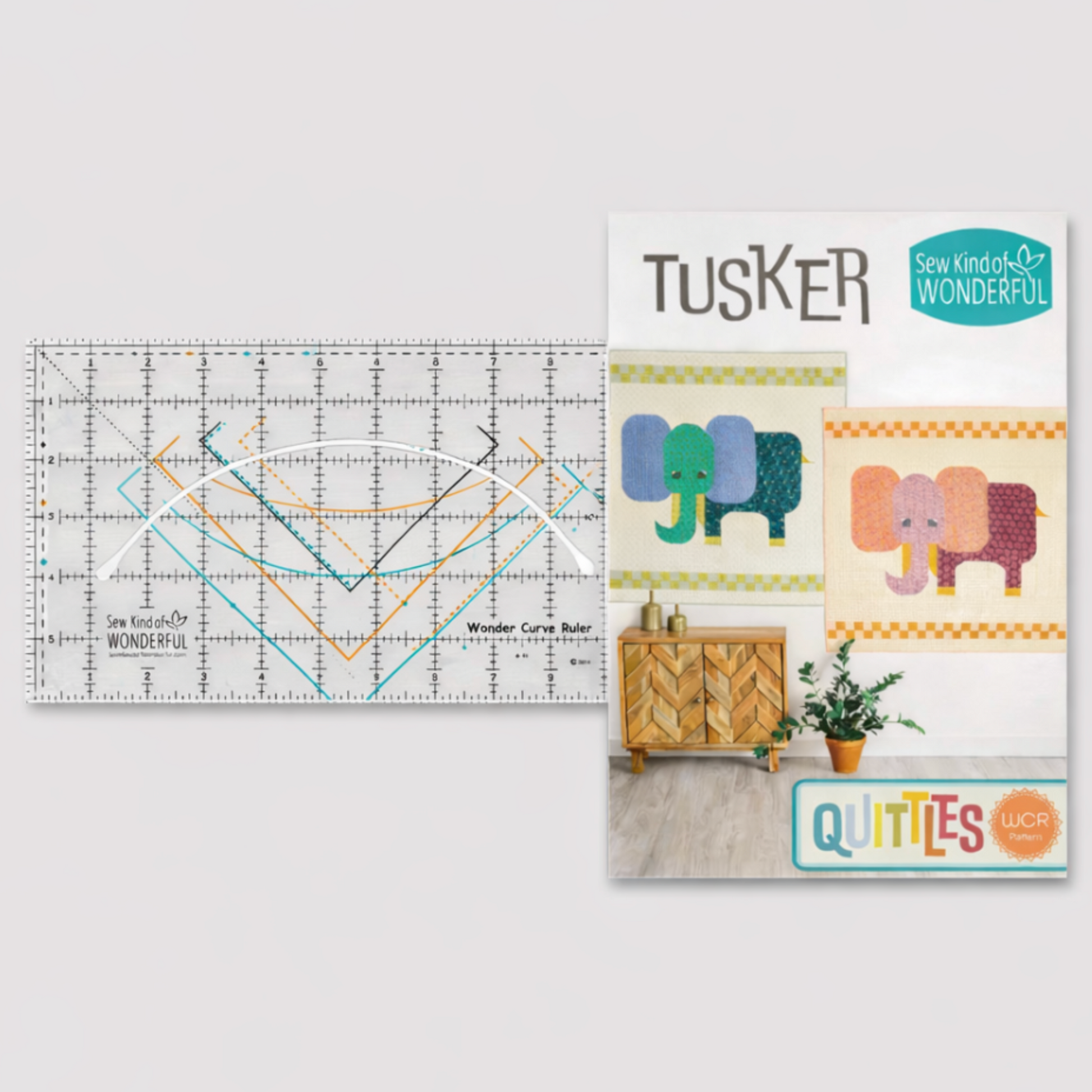 Square product image on a light gray background showing the Sew Kind of Wonderful Wonder Curve Ruler next to the Tusker quilt pattern.