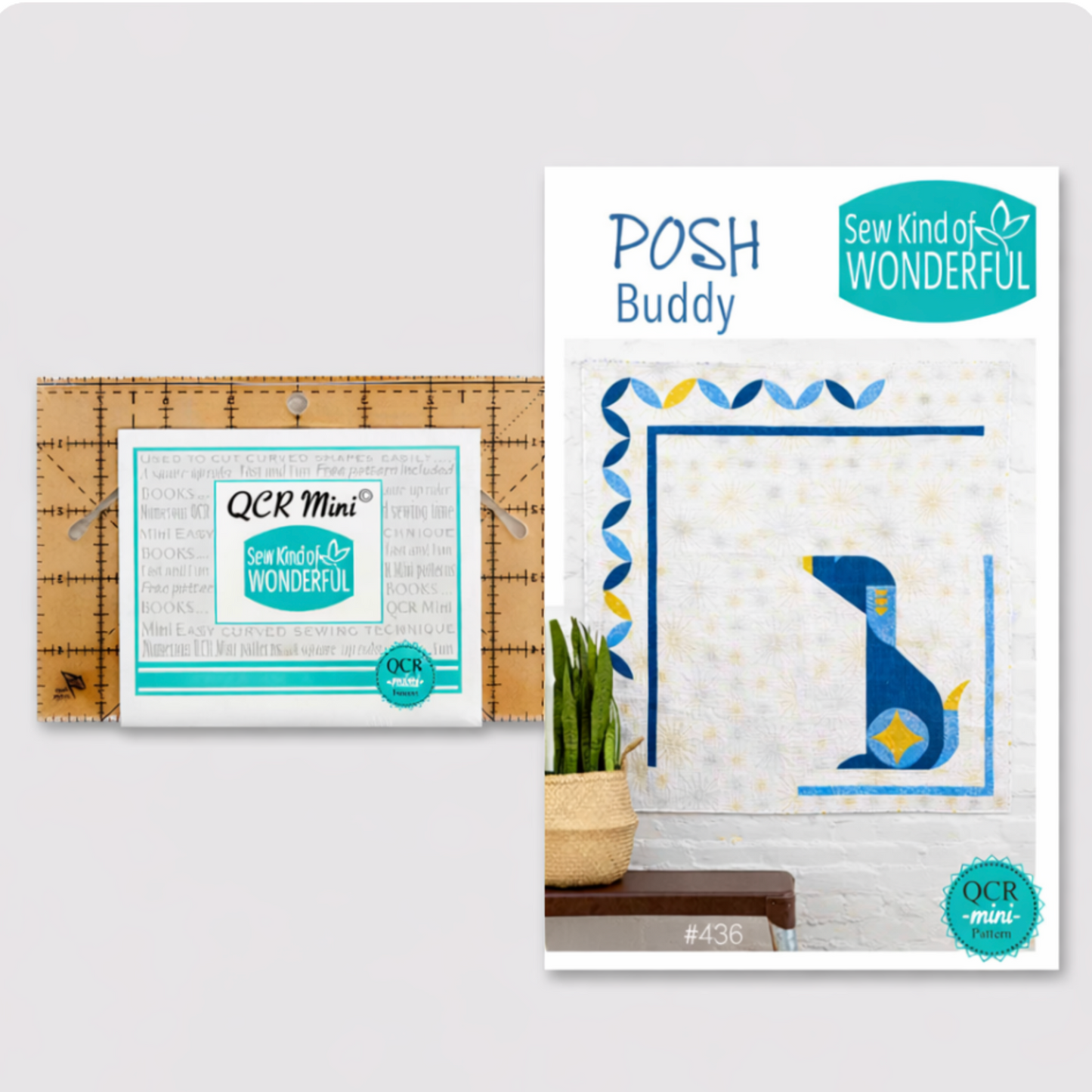 POSH Buddy mini quilt pattern by Sew Kind of Wonderful displayed as a finished quilt with modern curved piecing and a stylized dog design.