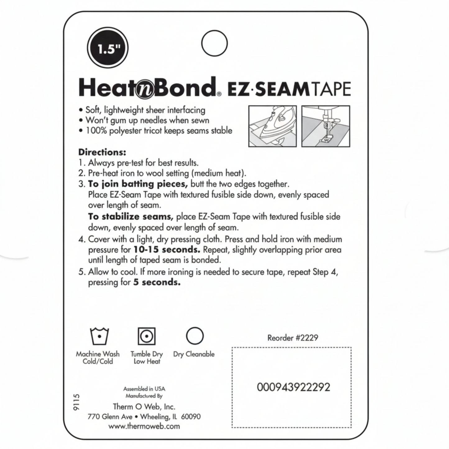 Back of HeatnBond EZ-Steam Fusible Batting and Seam Tape package with step-by-step ironing instructions and care symbols