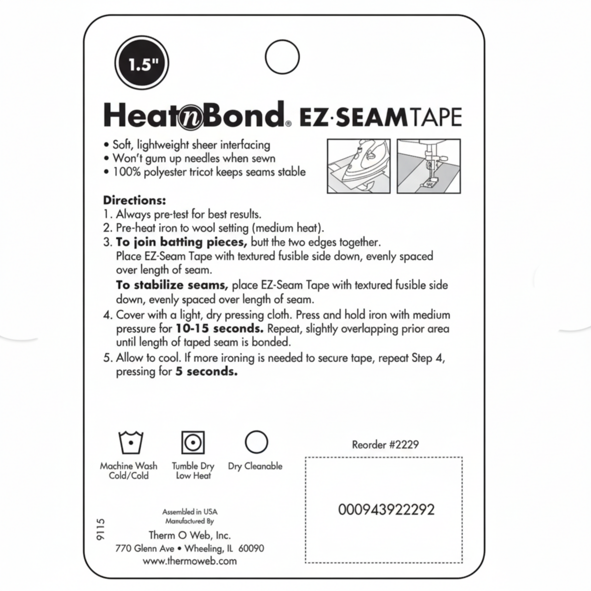 Back of HeatnBond EZ-Steam Fusible Batting and Seam Tape package with step-by-step ironing instructions and care symbols