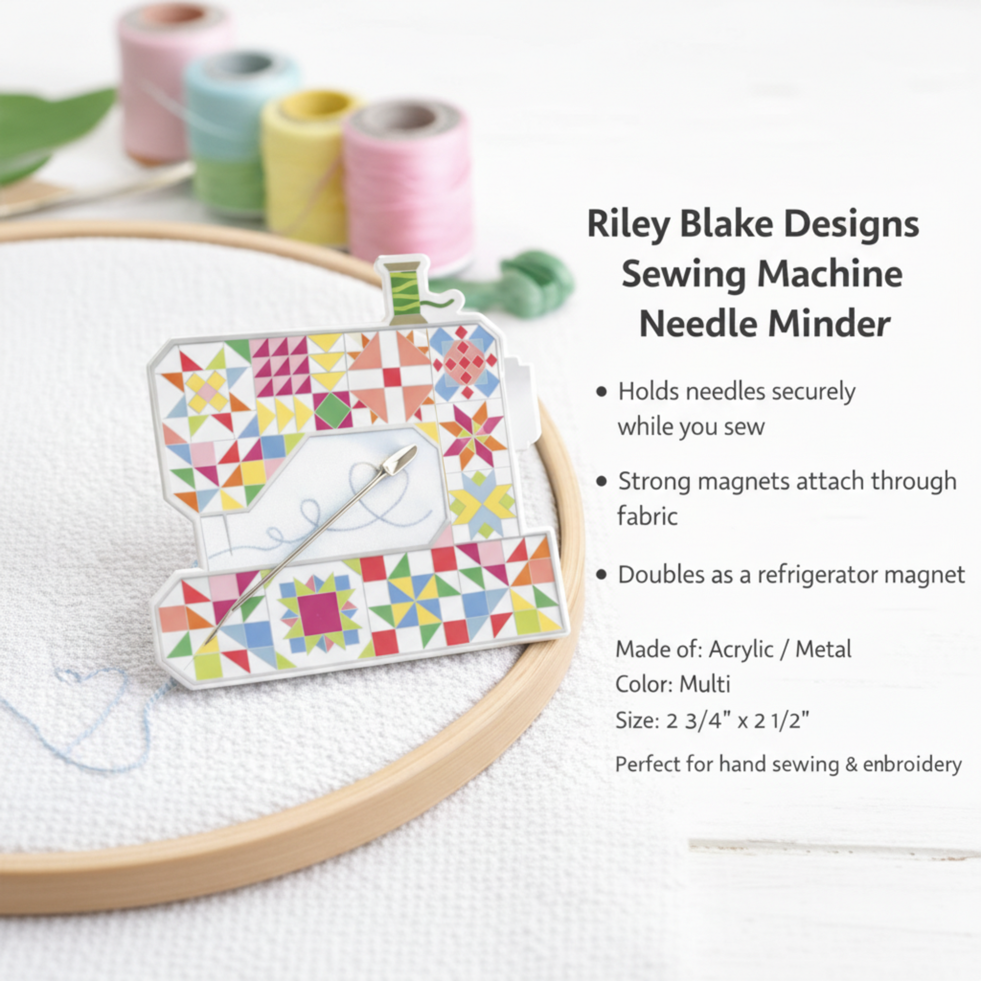 Riley Blake Designs sewing machine needle minder with magnetic needle holder on embroidery hoop