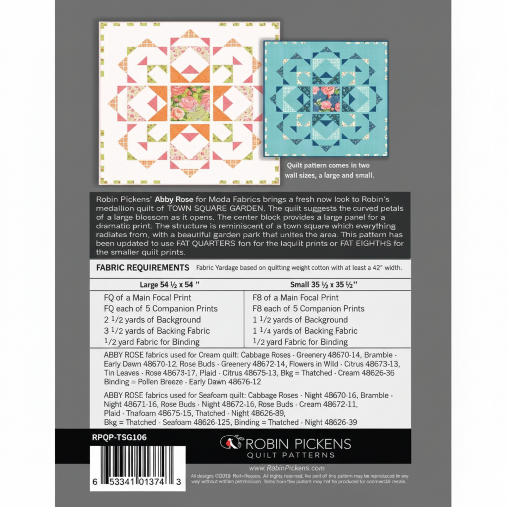 Back of Town Square Garden quilt pattern by Robin Pickens showing quilt sizes, fabric requirements, and design details