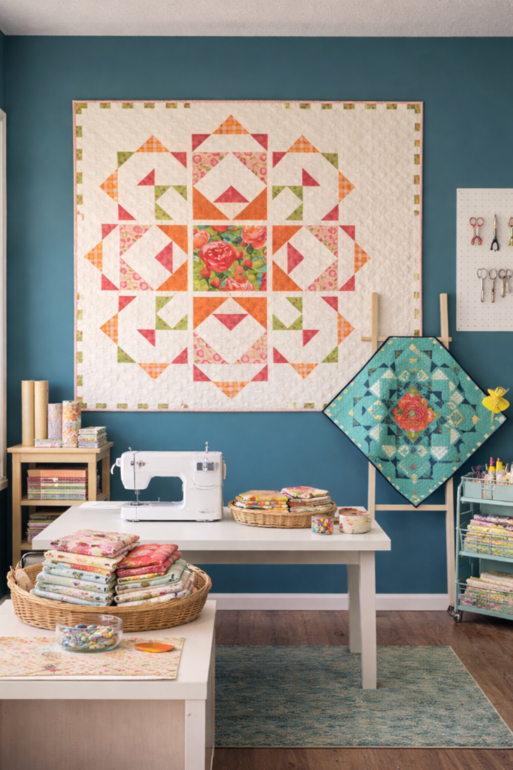 Large Town Square Garden quilt hanging on a teal wall in a sewing room with fabric stacks and sewing table