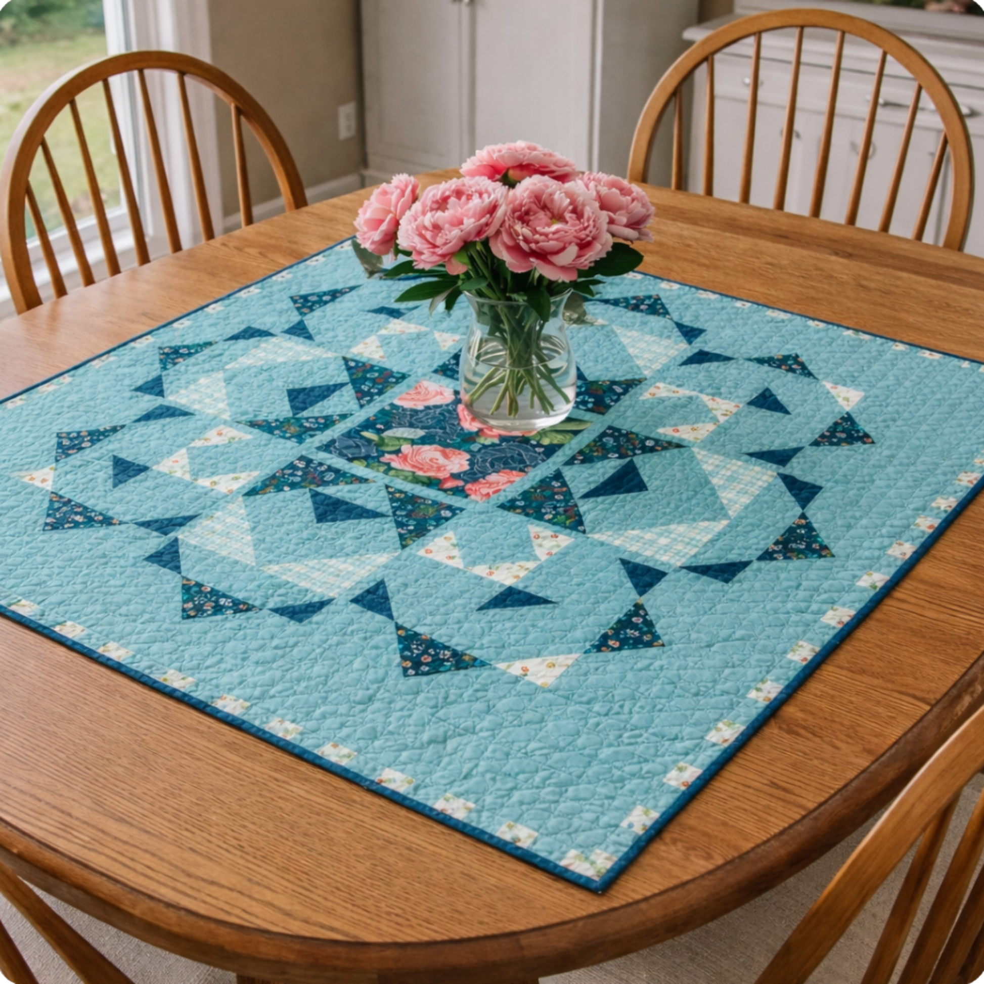 Town Square Garden quilt table topper in blue tones used as a 35 inch square centerpiece on a wooden dining table