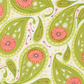 Dandi Duo Grass fabric laid flat with a folded corner, showing green floral paisleys and coral-pink flowers on a cream ground.