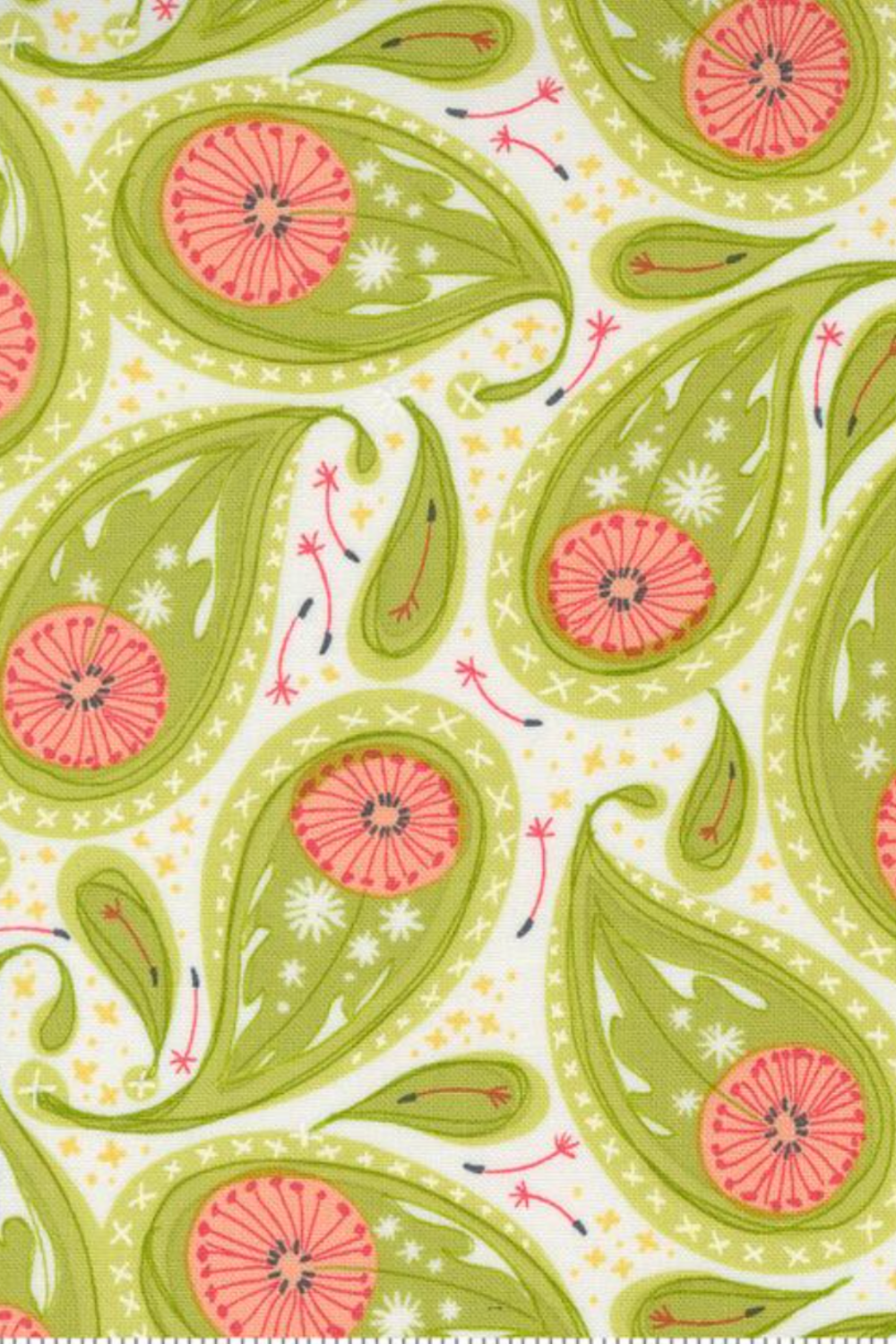 Dandi Duo Grass fabric laid flat with a folded corner, showing green floral paisleys and coral-pink flowers on a cream ground.
