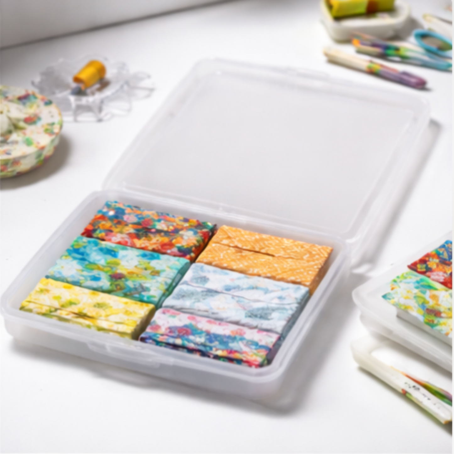Colorful square tiles in a clear plastic container on a white surface with stationery items.