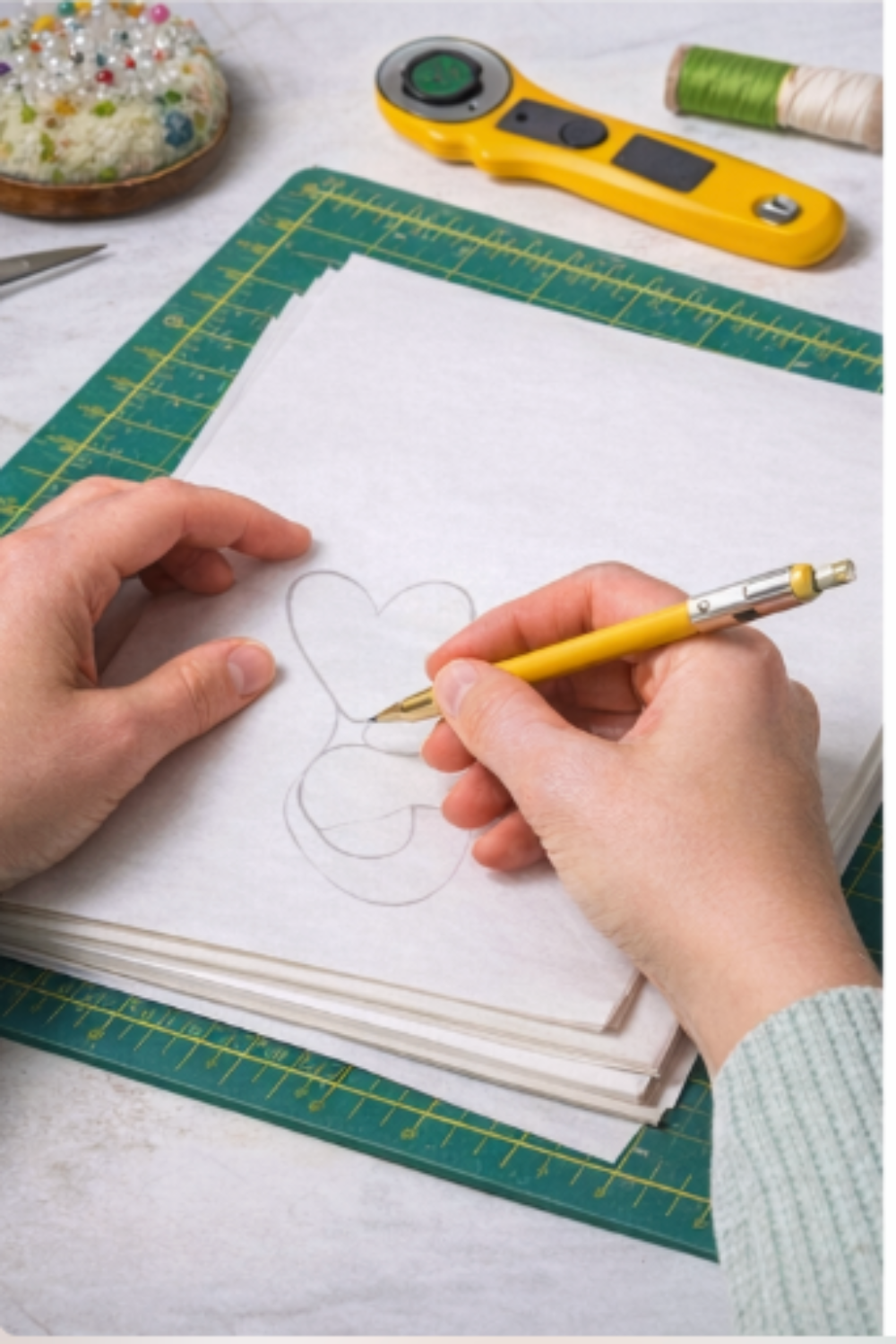 Person drawing a heart shape on paper with a yellow pen, surrounded by crafting tools.