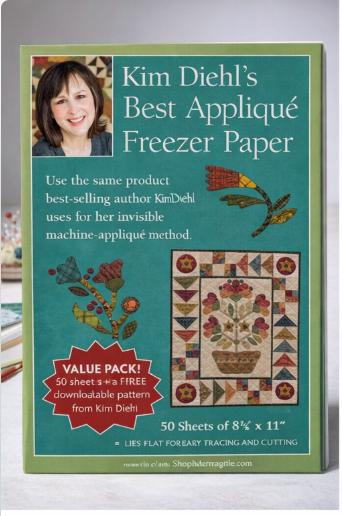 Kim Diehl's Best Applique Freezer Paper packaging with a woman's face and quilt design on a teal background.